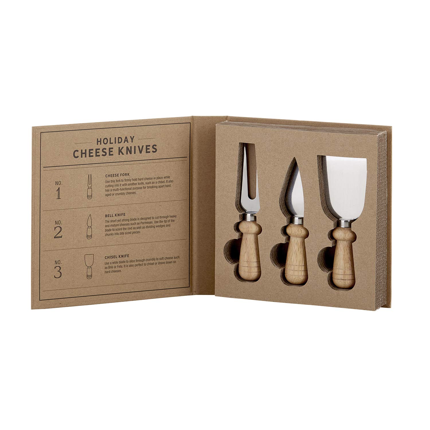 Santa Barbara Design Studio 3-Piece Cheese Knife Gift Set - Rustic Kraft Cardboard Box, Kitchen Essentials for Holiday Gifts & Entertaining | Perfect for Cheese Platters, Wine Parties & Housewarming Presents