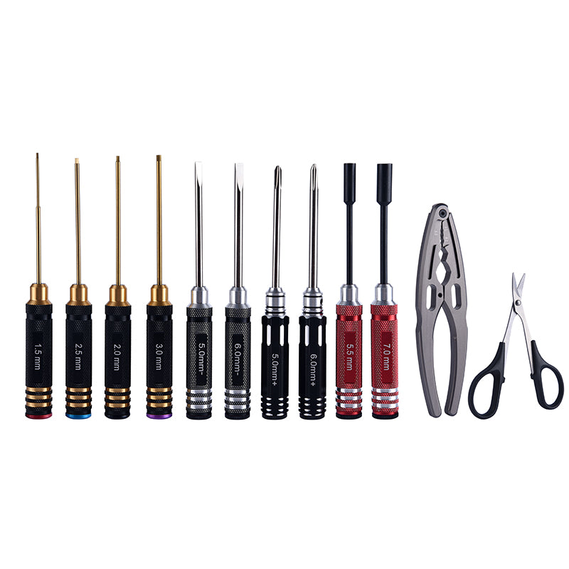 RC Car Tool Kit - Screwdriver, Shock Absorber, Pliers, Spanner, Hex Wrench & Scissors for DIY RC Boat and Radio Controlled Car Model Repair - Perfect for Hobbyists and Professional Mechanics