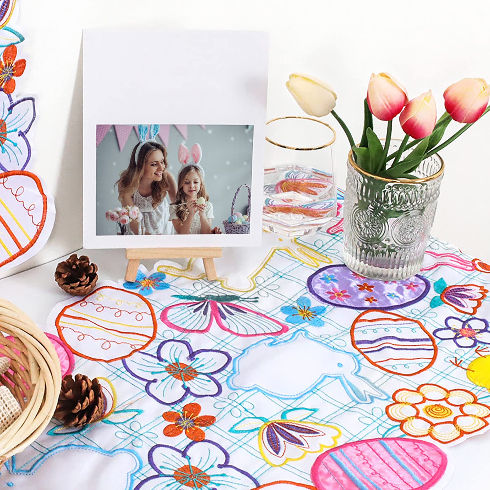 Easter Bunny Embroidered Placemat - Spring Holiday Table Doily with Easter Eggs Design - Perfect for Easter Brunch, Spring Table Decor, and Holiday Dining