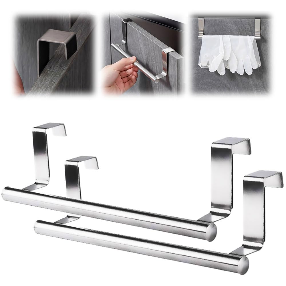 No-Drill Over The Cabinet Towel Holder - 2024 New Silver Dish Towel Rack (2 Pack) for Kitchen, Bathroom & Pantry - Fits All Standard Cabinets & Doors Up to 0.8