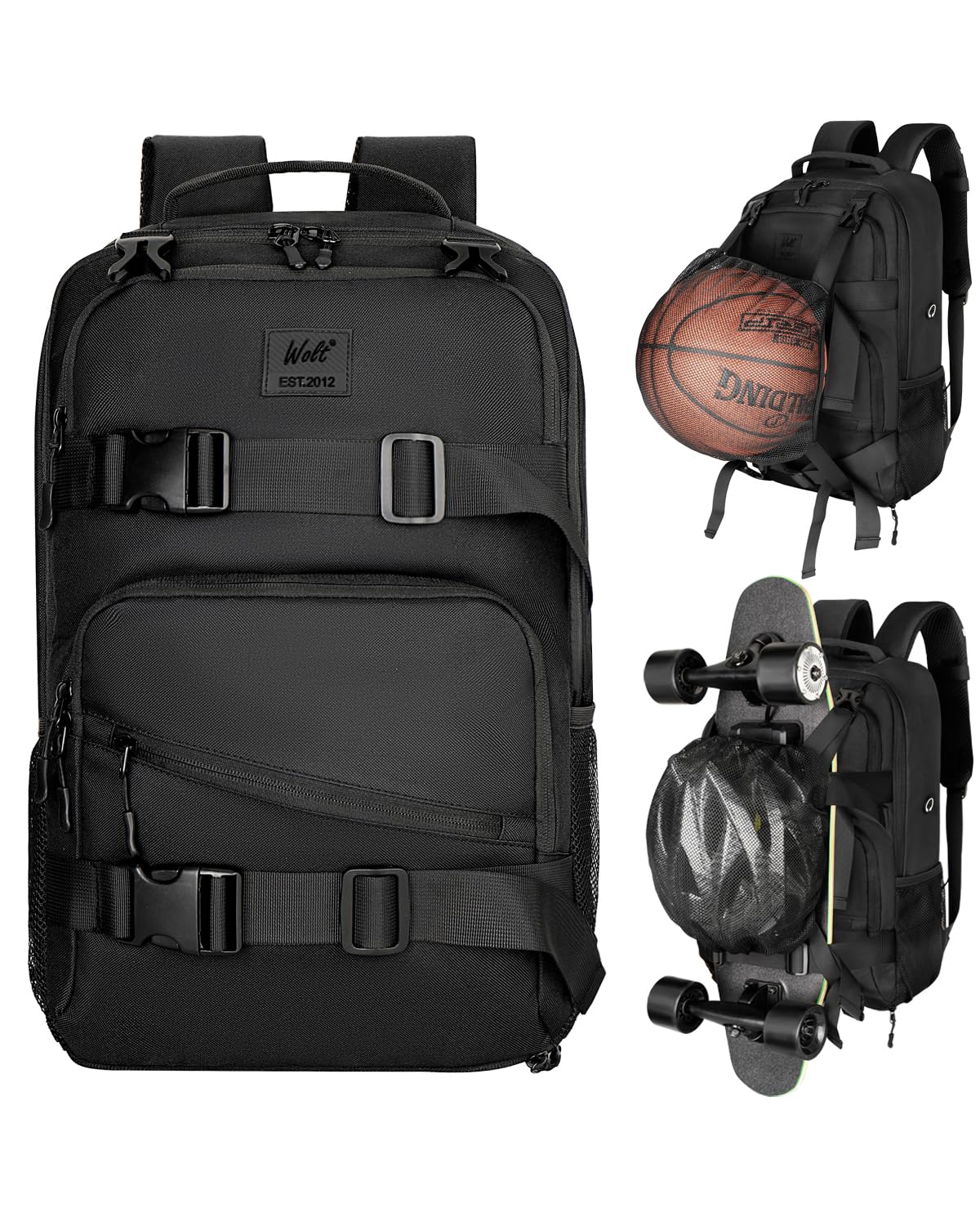 WOLT Skateboard Backpack - 15.6 Inch Laptop Backpack for Men & Women, Waterproof Sports Backpack with Ball Holder & USB Charging Port - Perfect for Skateboarding, School, Travel & Outdoor Activities