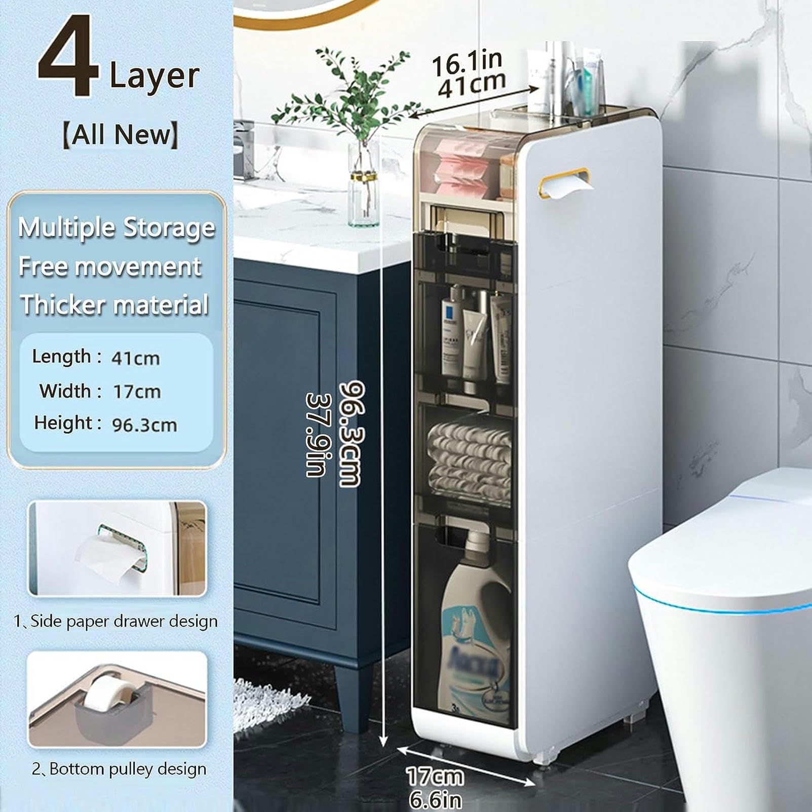 Slim Bathroom Storage Cabinet with Drawers & Wheels - Multifunctional Freestanding Plastic Organizer for Toilet Paper, Towels & Essentials - Perfect for Small Bathrooms, Corner Spaces & Apartment Living