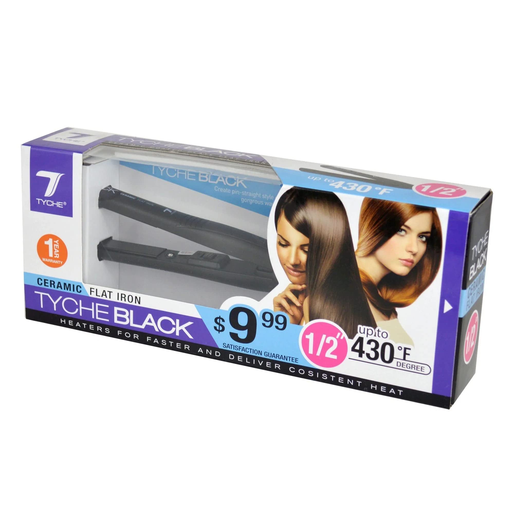 Tyche Black Plus+ Ceramic Flat Iron Hair Straightener 1/2 Inch - Professional Styling Tool for Smooth, Shiny Hair at Home or Salon