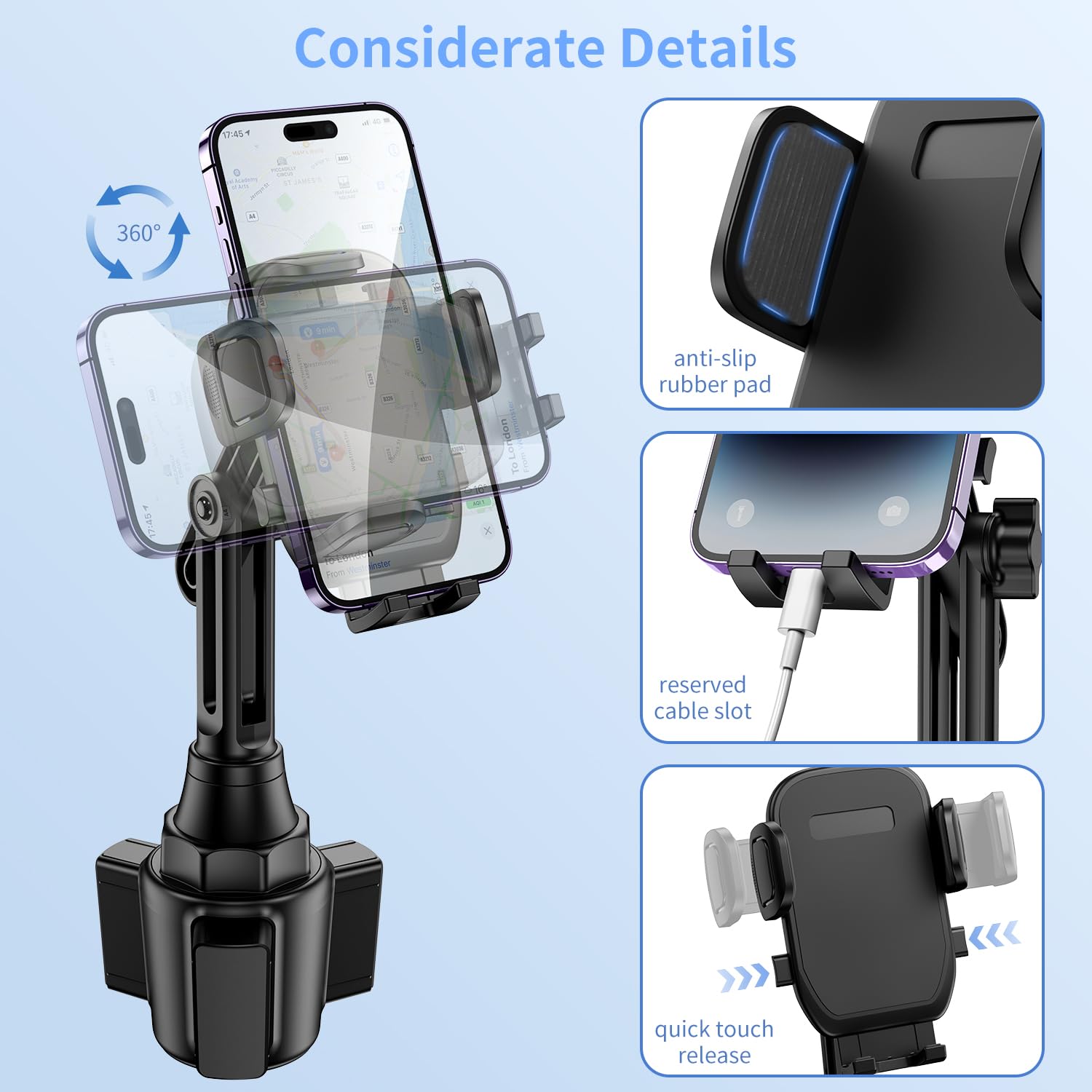 Upgraded Universal Car Cup Phone Mount Holder - Adjustable Long Neck for iPhone, Samsung, Google & All Smartphones | Perfect for Hands-Free Driving, GPS Navigation & Road Trips