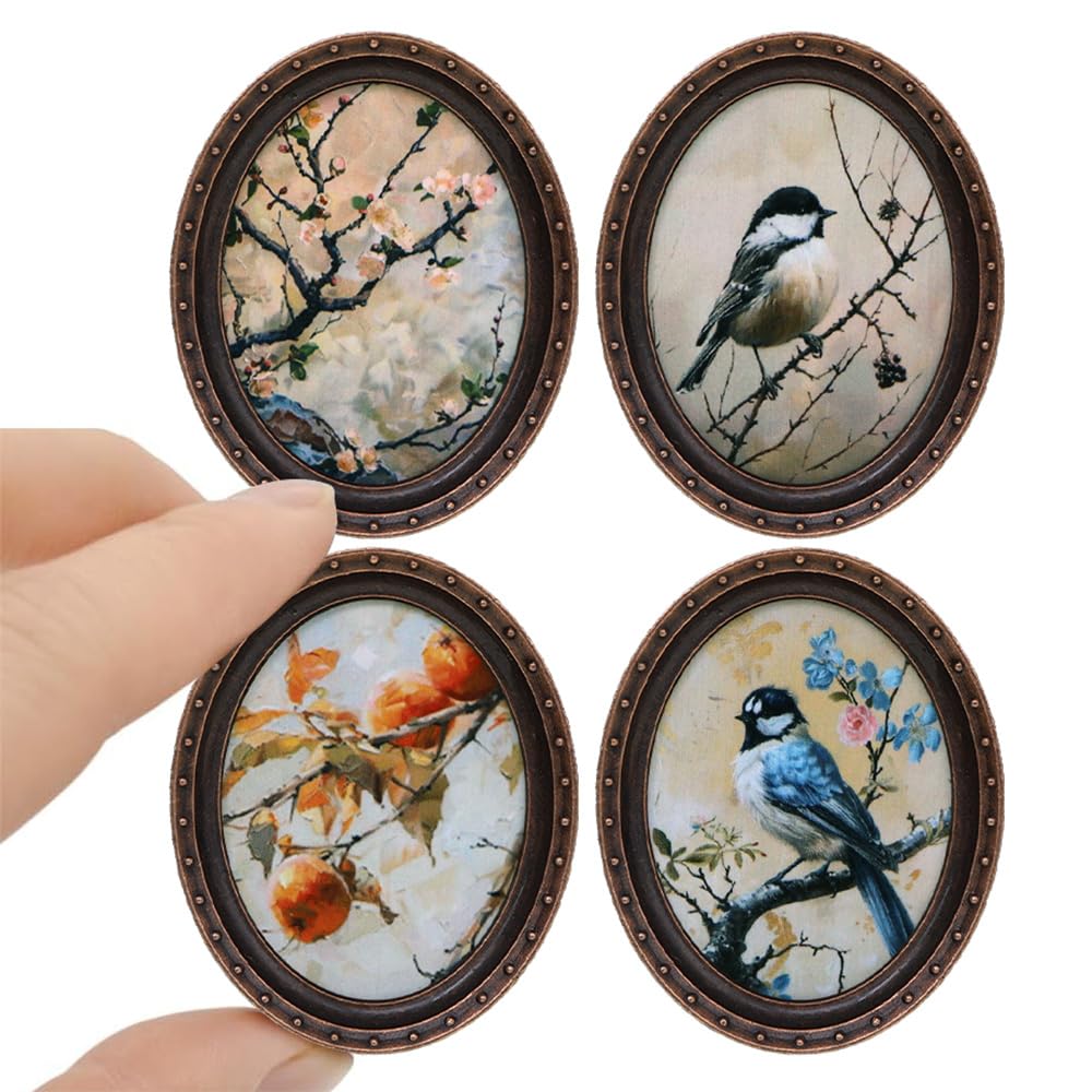 iLAND 1/12 Scale Miniature Dollhouse Accessories - Set of 4 Picture Frames with Floral & Bird Paintings for Model Train Scenes, Fairy Gardens & DIY Crafts