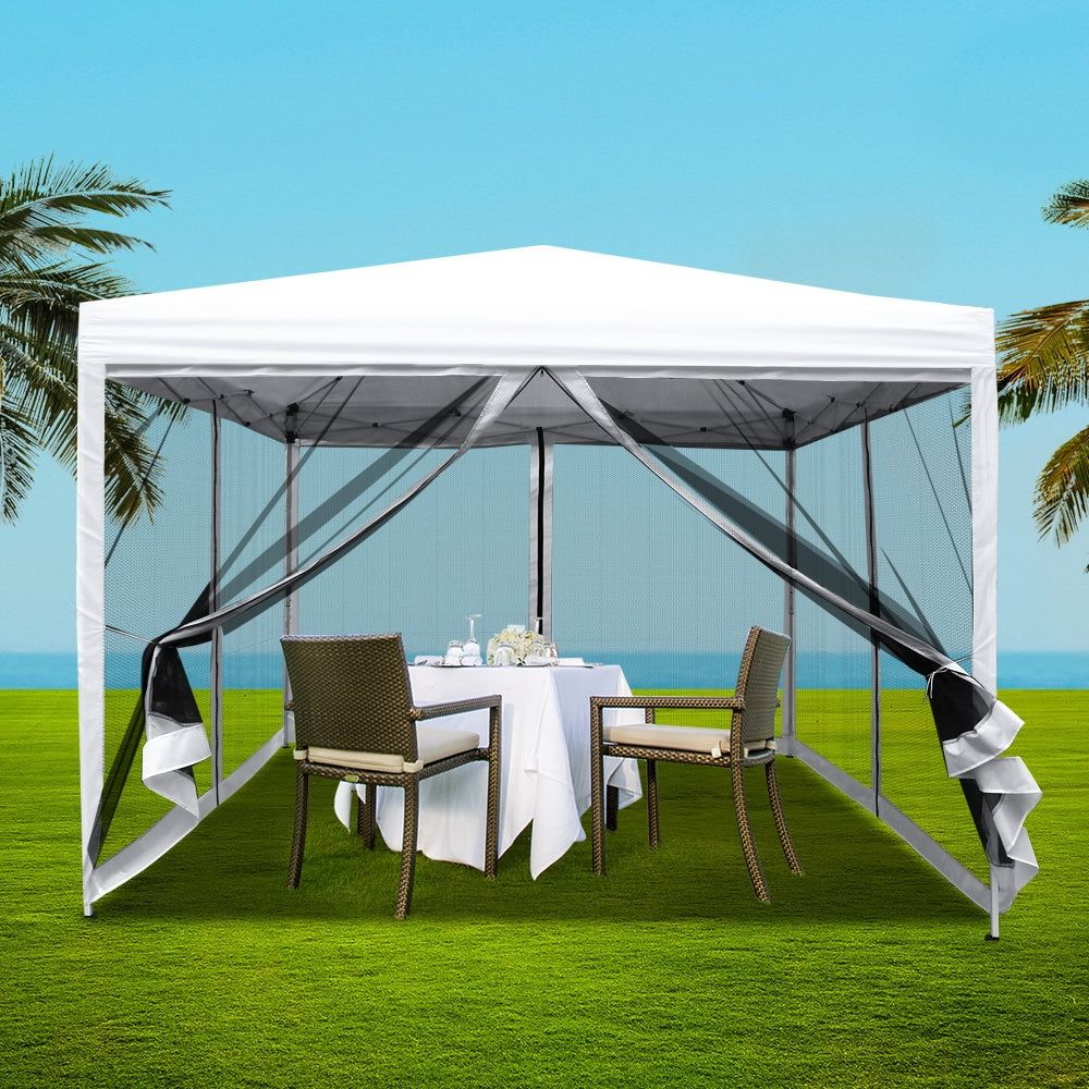 Instahut 10x10ft Pop Up Gazebo Tent with Mesh Walls - White Outdoor Canopy for Weddings, Parties, Camping & Backyard Shade Shelter | Perfect for Garden Events, Picnics & Beach Outings