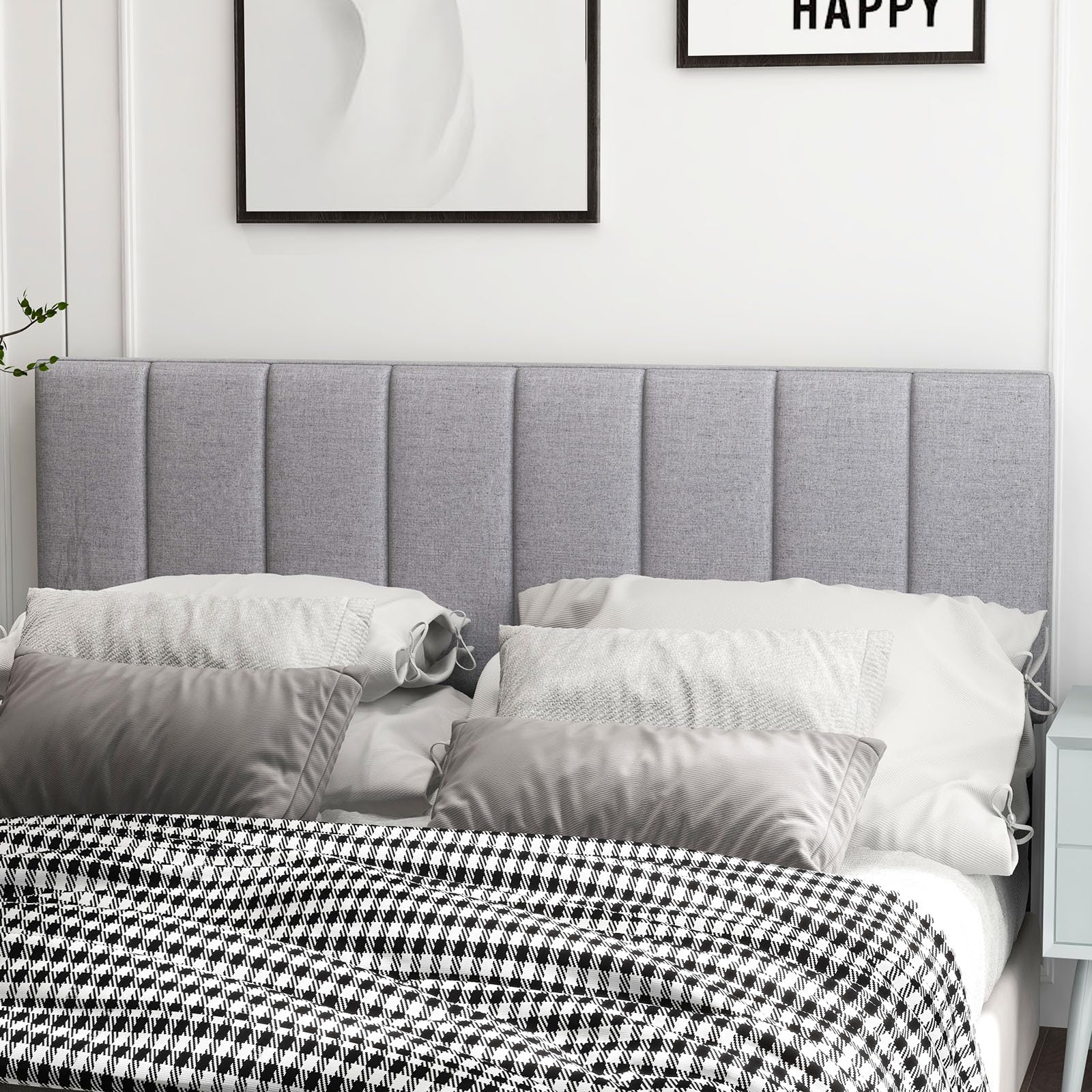 KOMFOTT Linen Upholstered Headboard for Full & Queen Size Bed - Vertical Channel Tufted Rectangular Bed Headboard with Solid Wood Legs, Adjustable Width, Padded Backboard, Easy Assembly (Gray) - Perfect for Bedroom Decor, Guest Room, and Master Suite Upgrade