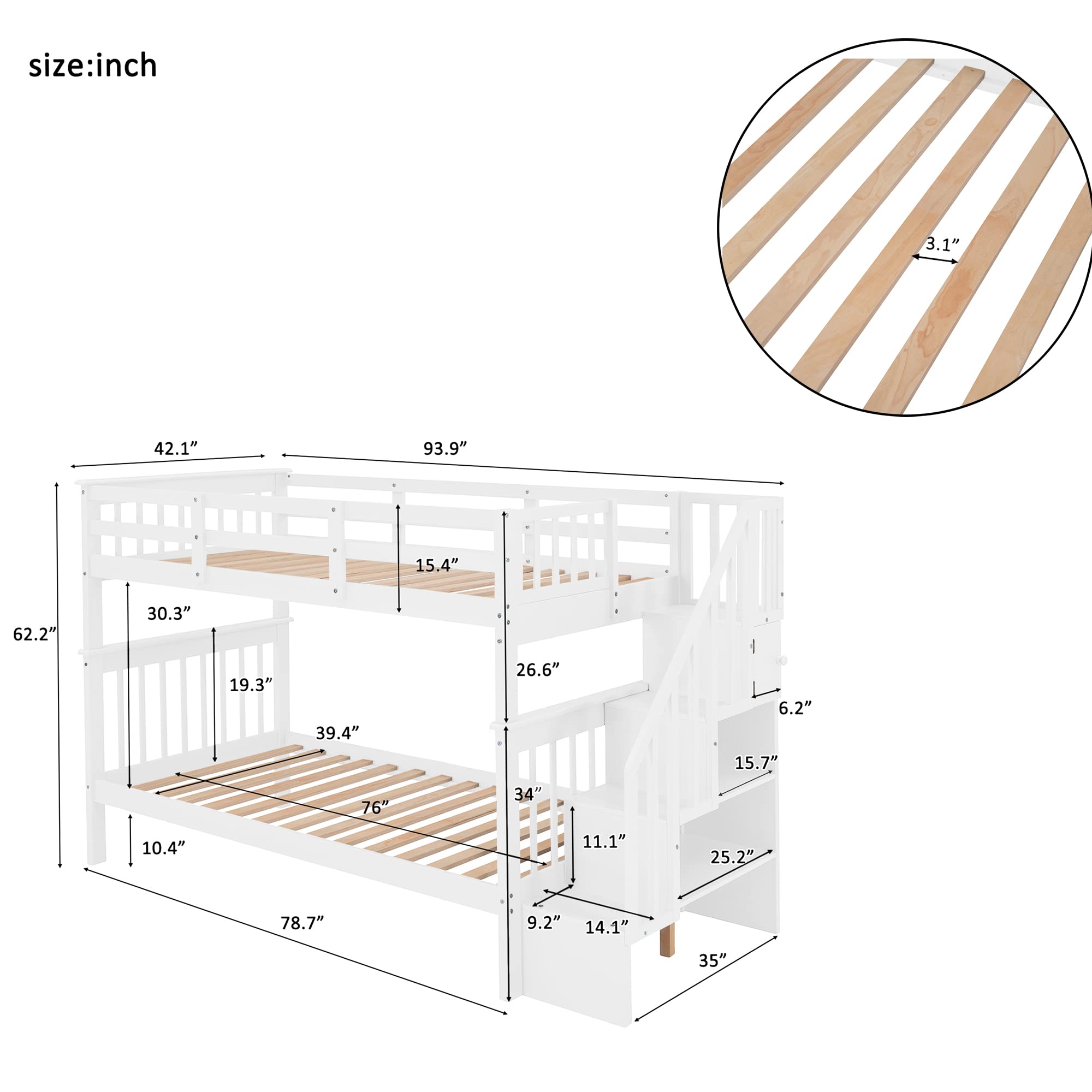 Harper & Bright Designs Twin Over Twin Wooden Bunk Bed with Stairs - Space-Saving Kids Bunk Bed with Storage Drawers & Safety Guard Rail - Perfect for Small Bedrooms, Dorm Rooms & Shared Kids' Spaces (White)