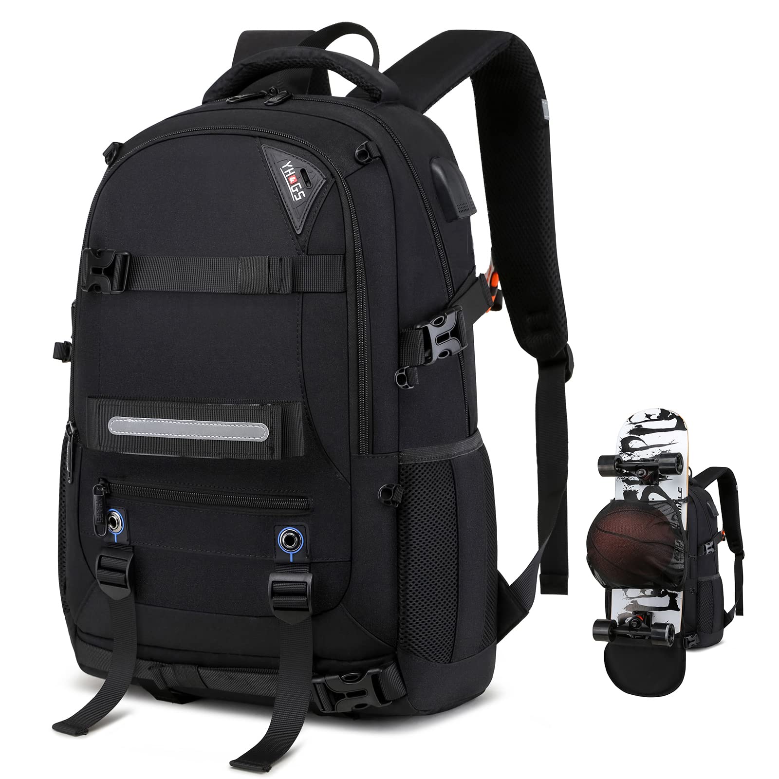 Skateboard Backpack for Men - Waterproof Laptop Backpack with USB Charging Port & RFID Anti-Theft Lock - Fits 15.6 Inch Laptop - Perfect for Business Travel, Commuting, and Outdoor Activities (Black)