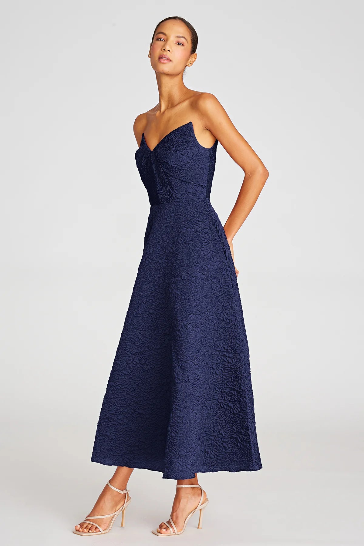 Elegant Ellie A-Line Midi Dress in Navy Blue - Perfect for Office Wear, Cocktail Parties & Special Occasions