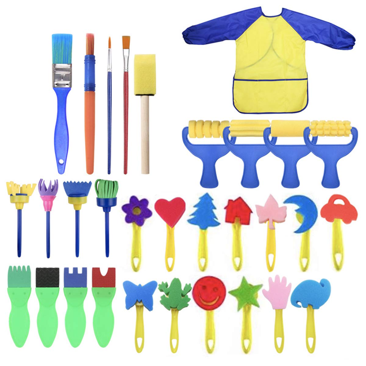 **Ayunjia 31PCS Sponge Painting Brushes Kit - Kids Art & Craft Set for Toddlers, Waterproof Foam Brushes with Smock Apron & Pocket - Perfect for Early Learning, DIY Projects & Classroom Activities**