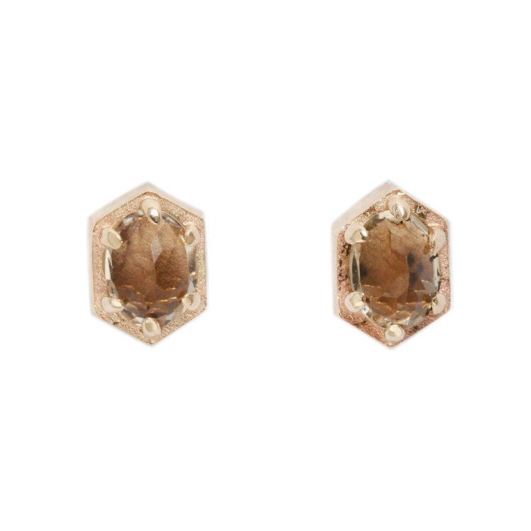 14K Yellow Gold Small Hexagon Stud Earrings with Oval Champagne Quartz - Elegant Minimalist Jewelry for Everyday Wear & Special Occasions