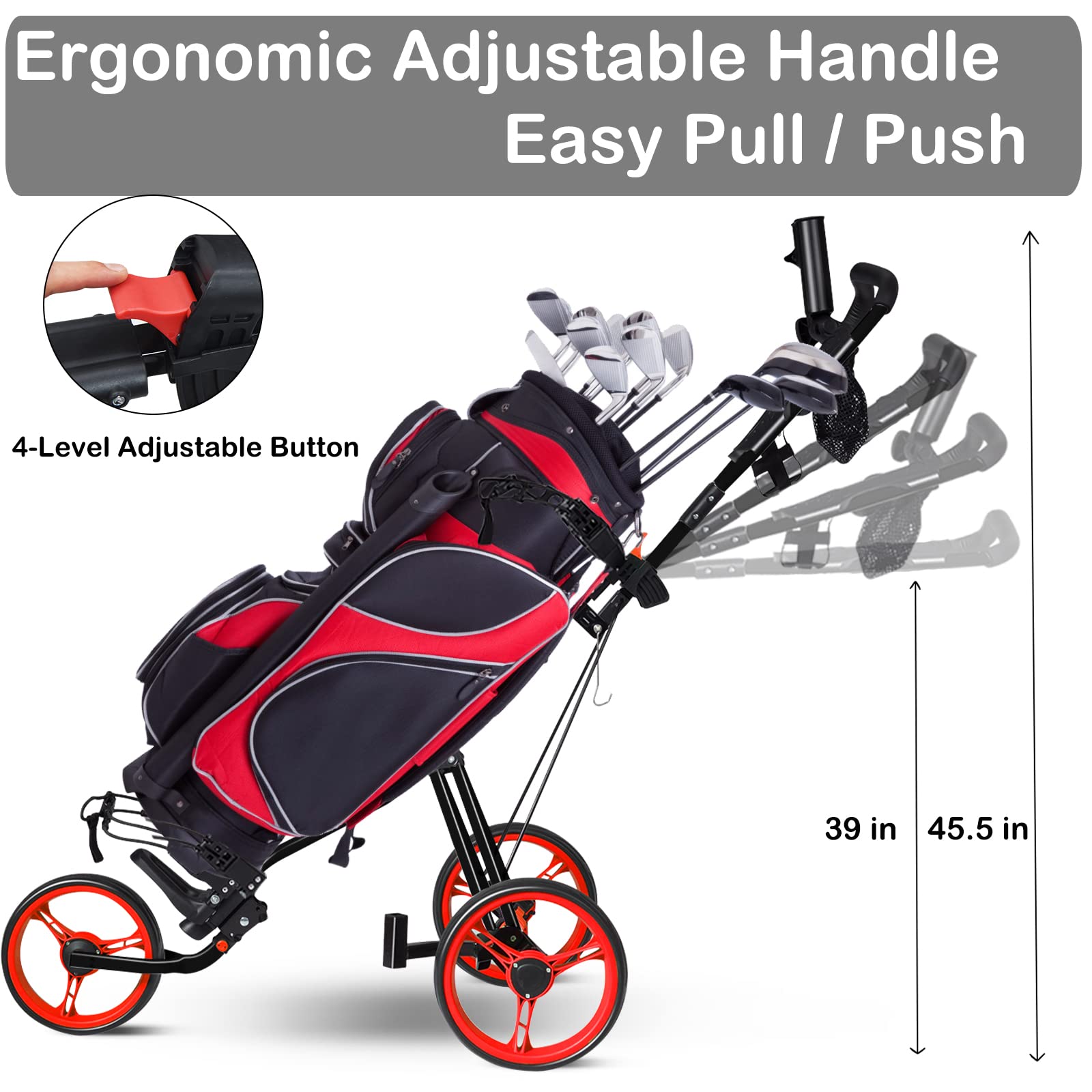 Best 3 Wheel Folding Golf Push Cart - Lightweight Collapsible Golf Trolley with Seat, Foot Brake & Umbrella Holder - Adjustable 4-Position Handle for Golf Clubs - Perfect for Golf Course, Driving Range & Outdoor Practice