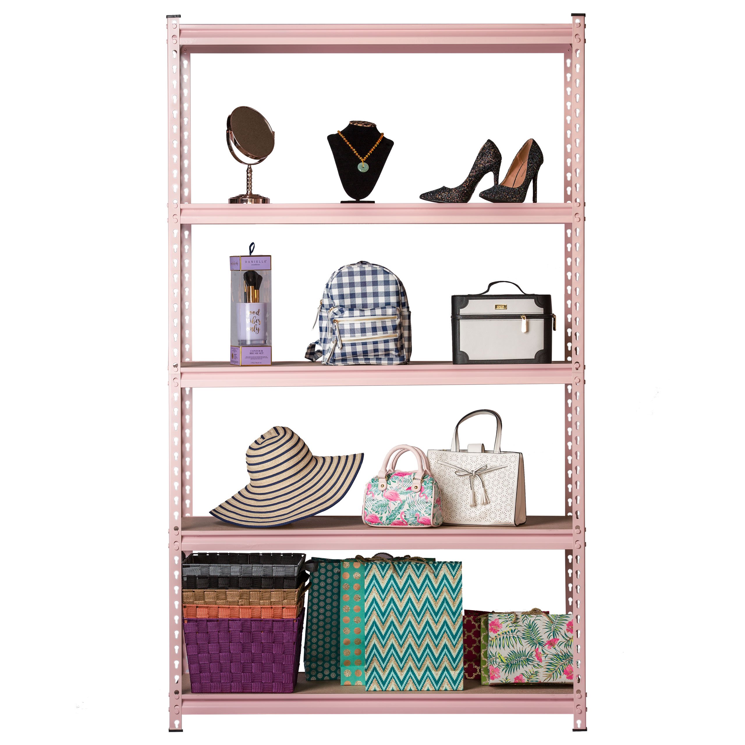 5-Tier Pink Steel Storage Rack - Heavy Duty Boltless Shelving Unit with Adjustable Height (42