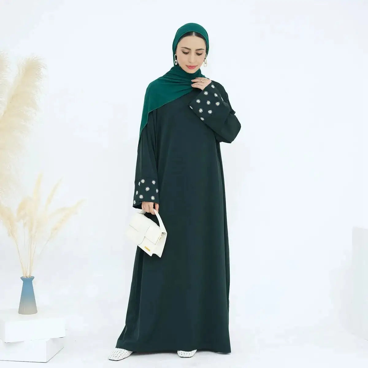 Elegant Daisy Embroidery Nida Abaya Dress for Women - Modest Islamic Fashion for Prayer, Eid, and Special Occasions