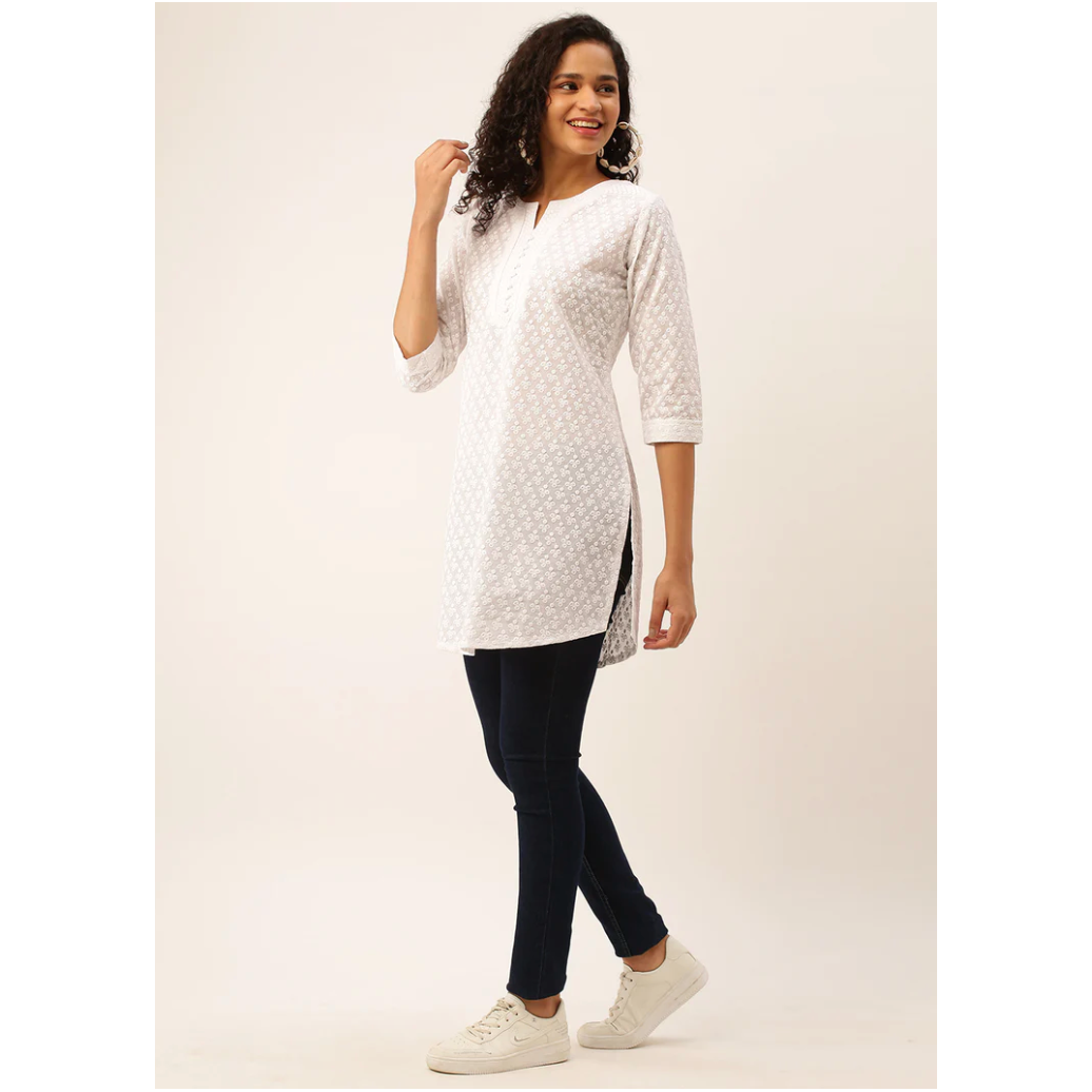 Elegant Chikankari White Short Kurti for Women - Traditional Indian Embroidered Tunic Top for Casual Wear & Festive Occasions