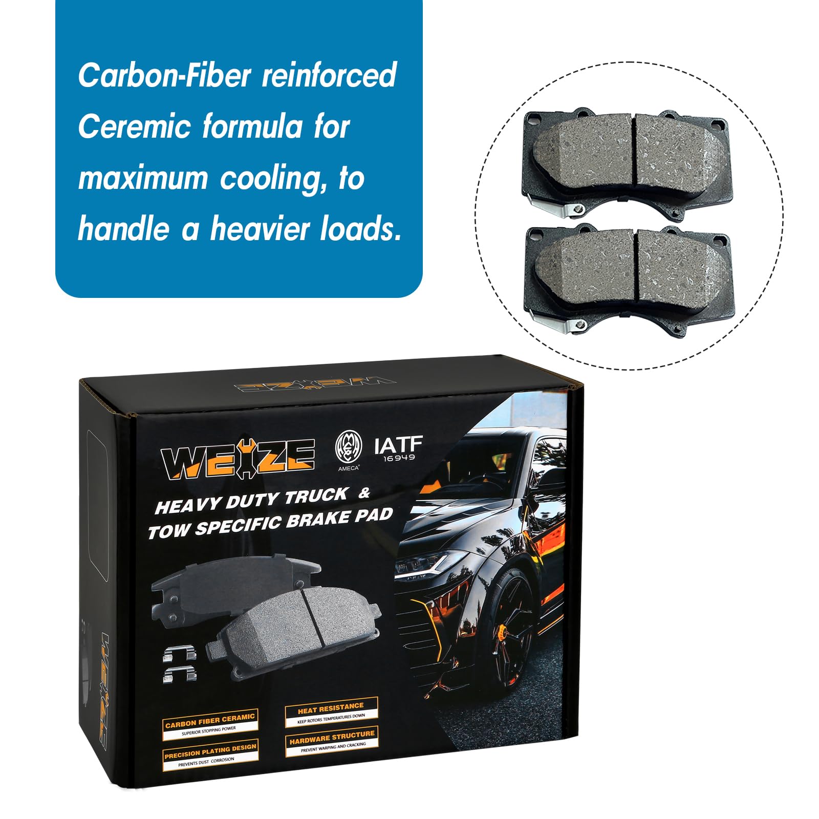 WEIZE Front Truck & Tow Brake Kit - Carbon Fiber Ceramic Brake Pads & Drilled/Slotted Rotors - Compatible with Toyota Tacoma, 4Runner, FJ Cruiser - Heavy Duty Towing & Off-Road Performance