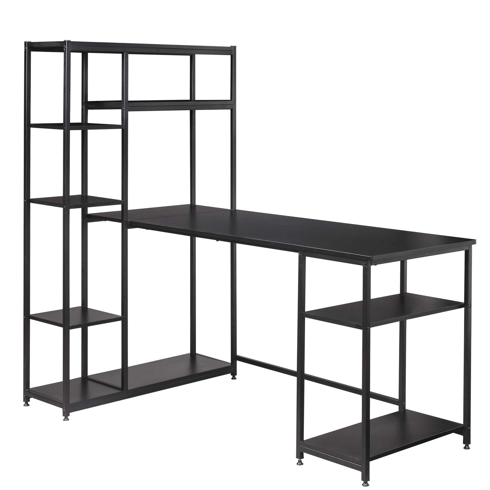 Modern Large Office Computer Desk with Bookshelf & Storage Shelves - Black | Ergonomic Home Office Desk for Work & Study | Perfect for Small Spaces & Remote Work