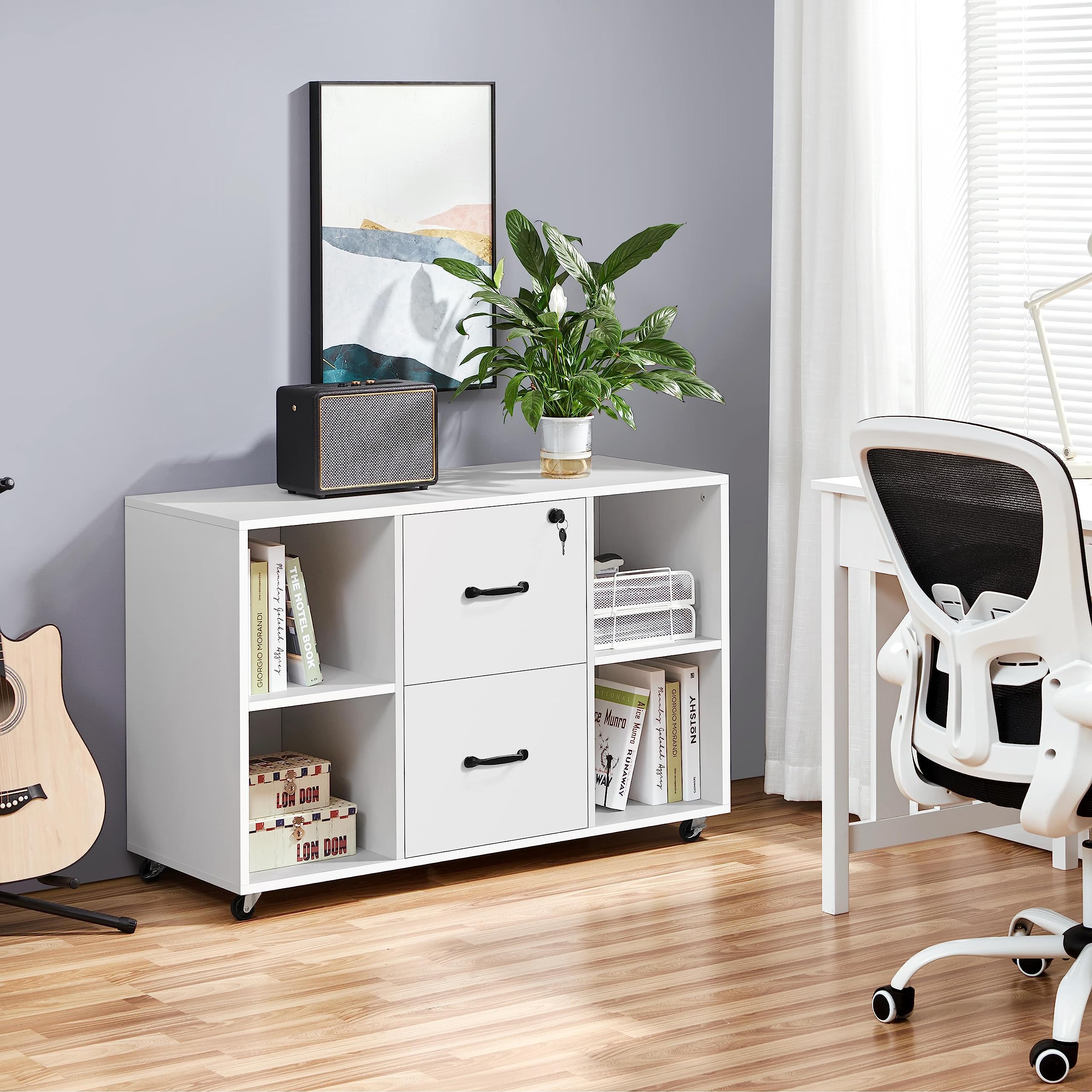 Yaheetech White 2-Drawer Mobile File Cabinet with 4 Open Shelves - Letter Size Lateral Filing Cabinet & Printer Stand for Home Office Organization - Perfect for Document Storage, Office Supplies & Workspace Organization