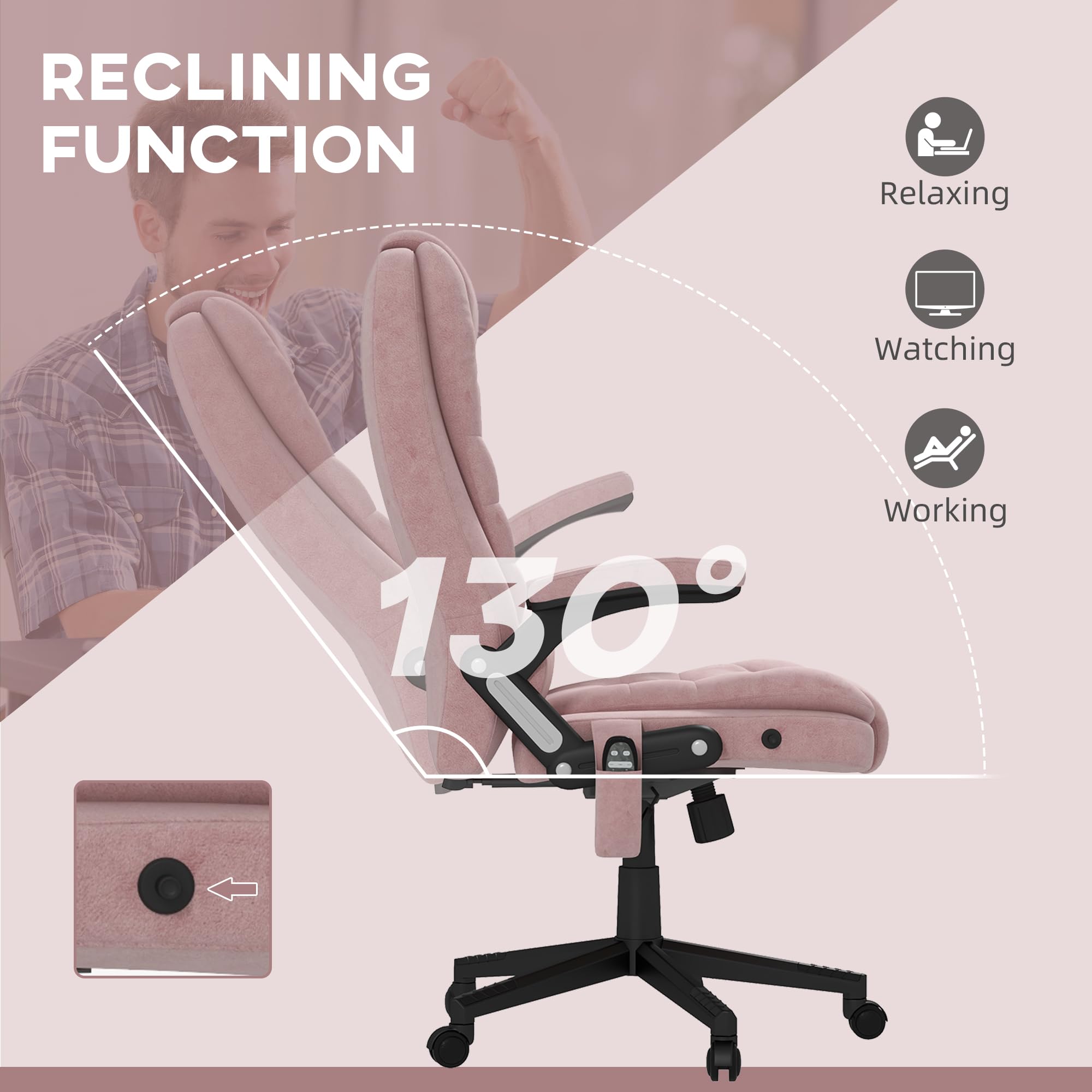 HOMCOM 6-Point Vibrating Massage Office Chair with Heat - Velvet High Back Executive Chair, Reclining Backrest & Padded Armrests - Remote Control - Pink - Perfect for Home Office, Gaming & Relaxation