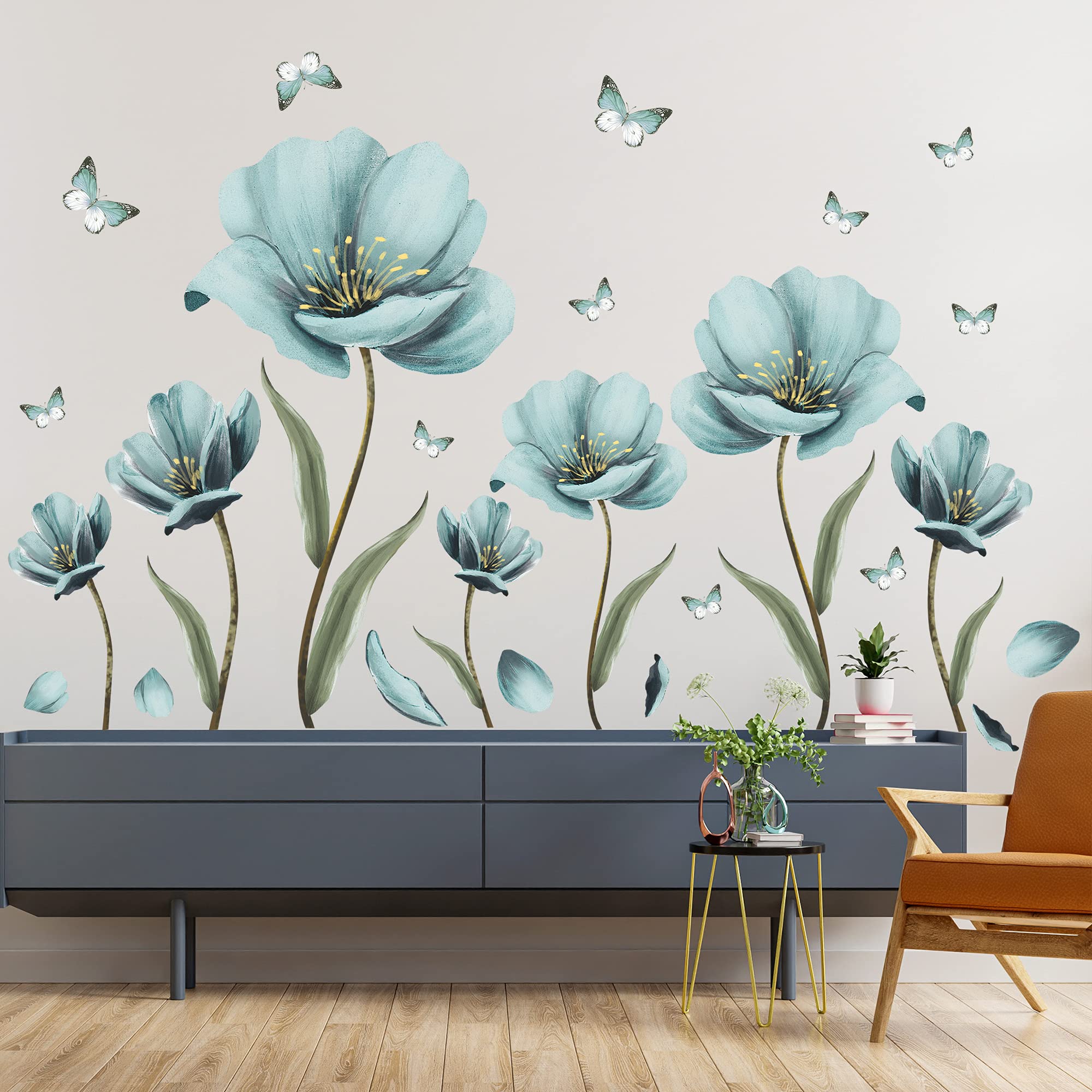 Creative Removable 3D Nursery Flower Wall Decals - DIY Romantic Floral Butterfly Leaf Wall Stickers - Kids Room Decor for Girls Bedroom, Living Room & Home - Light Green Wall Art Murals - Perfect for Nursery Decor, Baby Shower Gifts & Home Interior Design