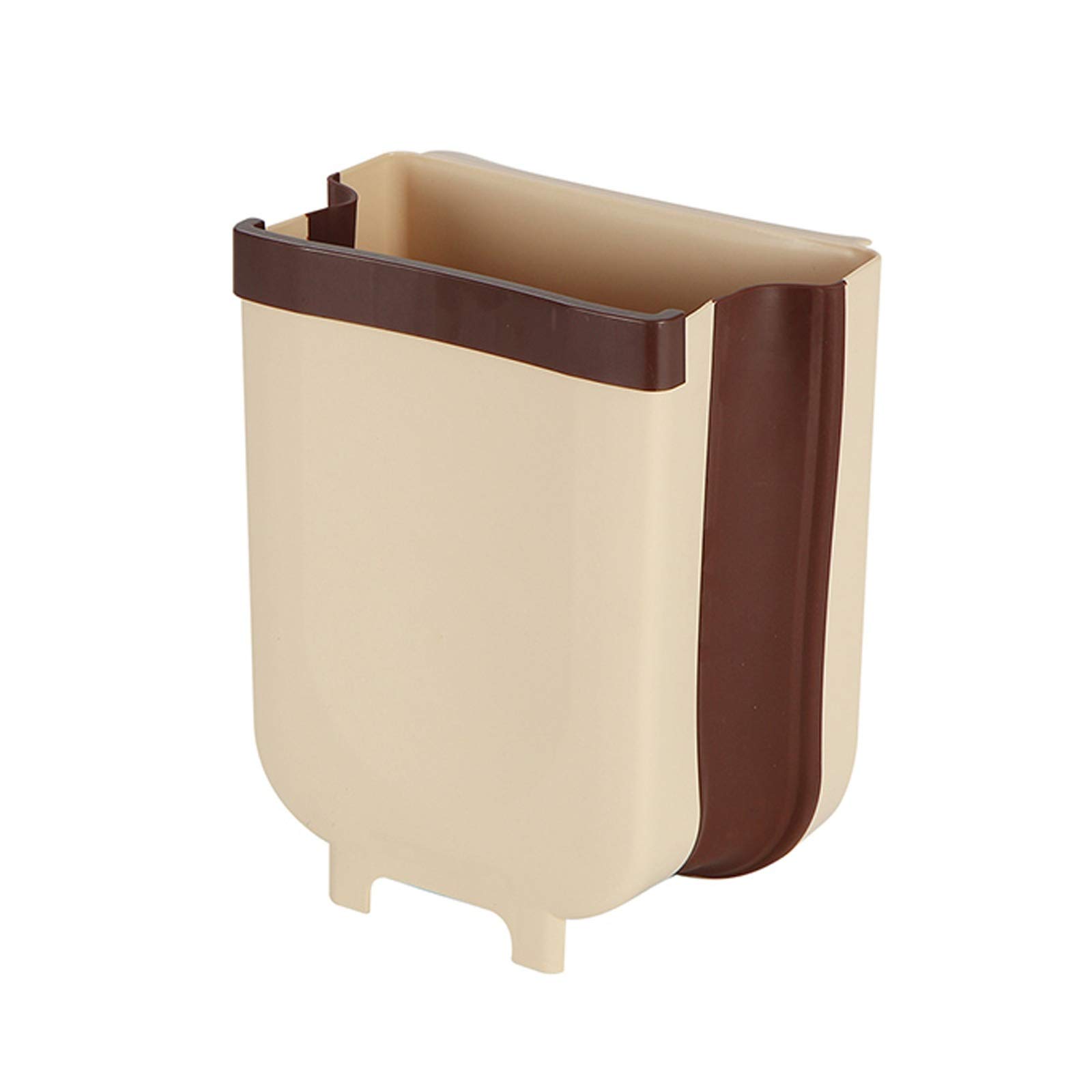 Foldable Wall-Mounted Trash Can - 9L/2.3 Gallon Collapsible Kitchen Garbage Bin with Cabinet Door Hanger - Space Saving Khaki Waste Basket for Small Kitchens, Bathrooms & Bedrooms - Ideal for Apartments, RVs and Compact Living Spaces