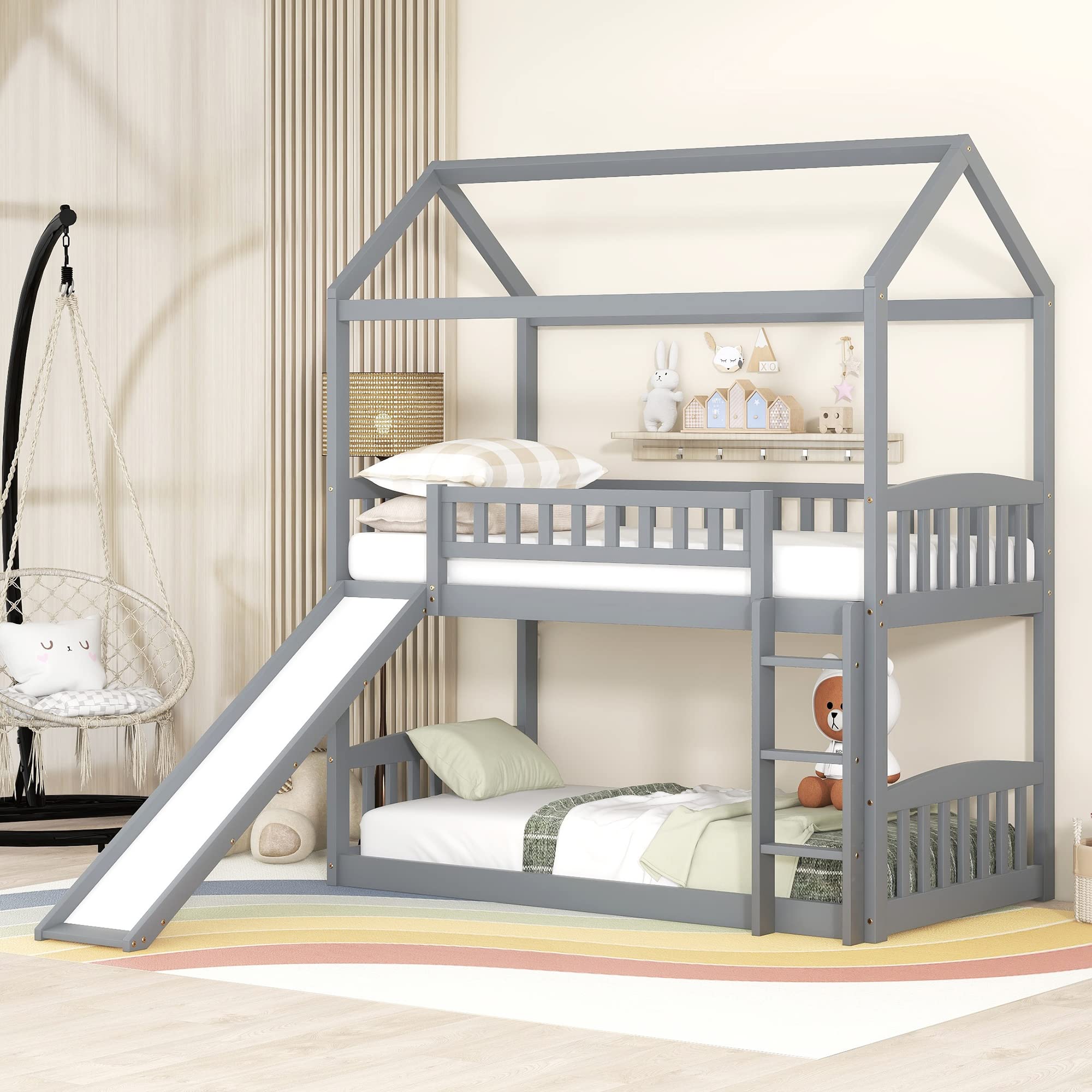 Harper & Bright Designs Kids Twin Bunk Beds with Slide - House Shaped Loft Bed with Removable Ladder & Slide on Both Sides, No Box Spring Needed, Space-Saving Grey Bunk Bed for Small Rooms, Playrooms & Sleepovers