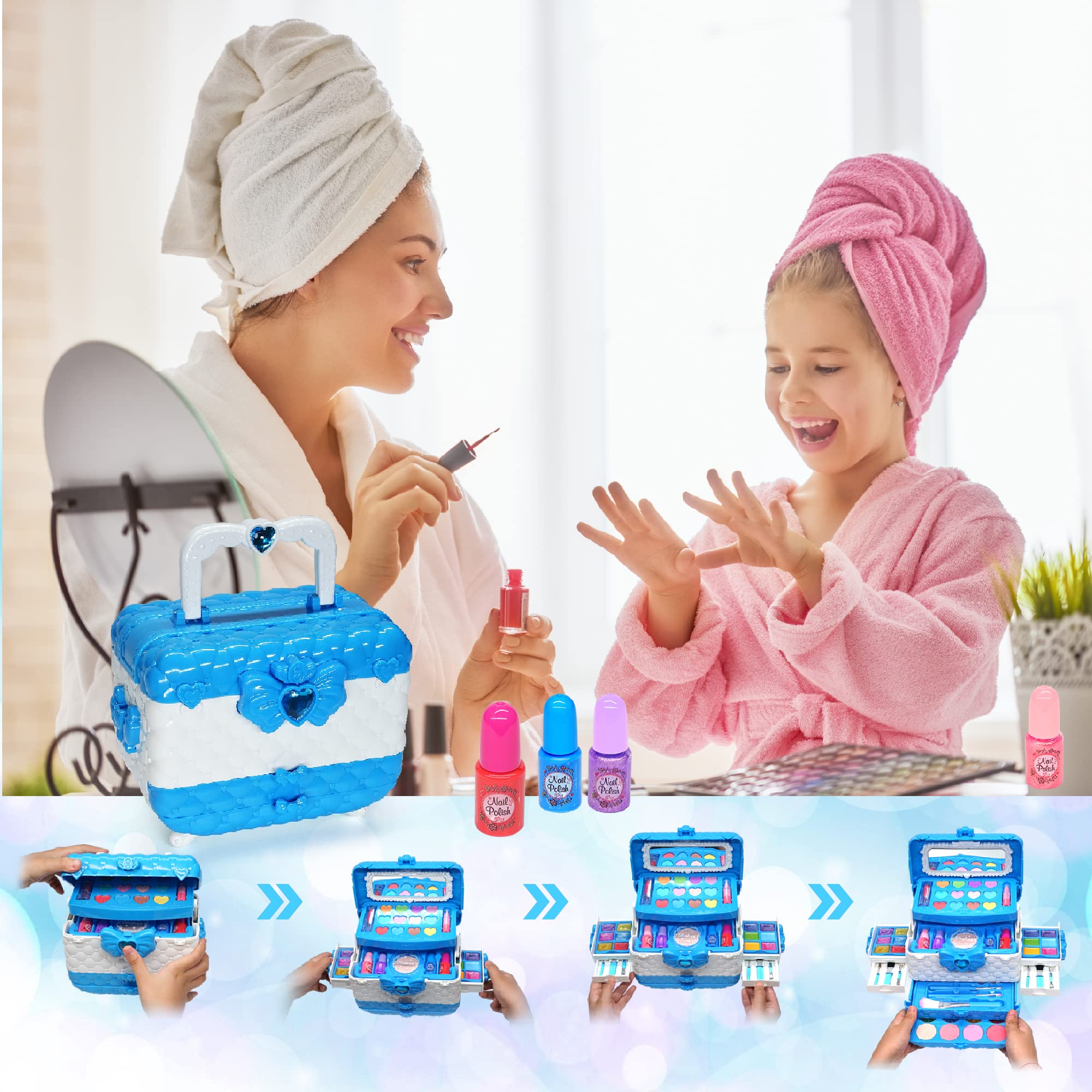 **Safe & Washable Kids Makeup Kit for Girls Ages 5-7 - Princess Birthday Gift Set with Real Cosmetic Toys (Blue) | Perfect for Dress-Up, Pretend Play & Birthday Parties**