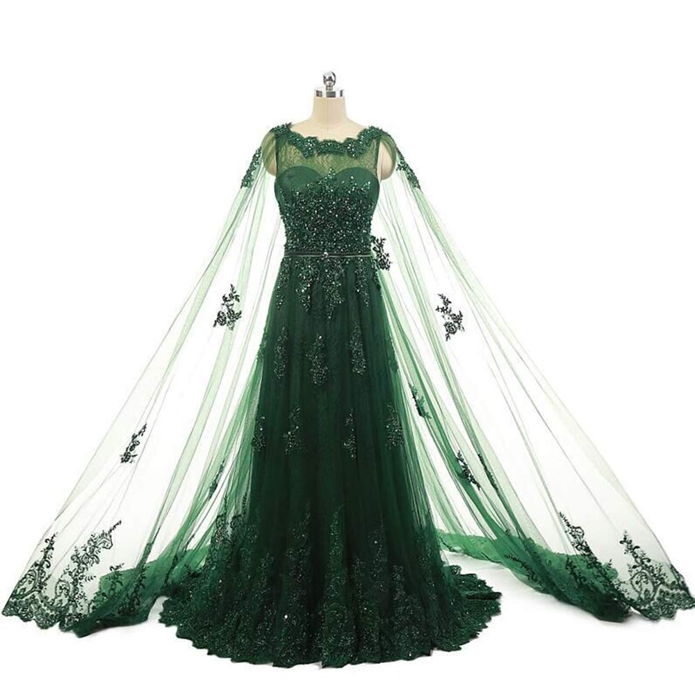 Elegant Women's Beaded Lace Tulle Formal Evening Gown with Detachable Cape - Perfect for Prom, Wedding, and Black Tie Events