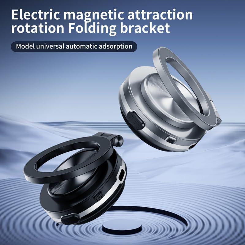 Electric Vacuum Magnetic Car Phone Mount - 360° Rotating & 270° Folding Smartphone Holder with Strong Suction Cup for Safe Driving | Perfect for GPS Navigation & Hands-Free Calls (Silver)