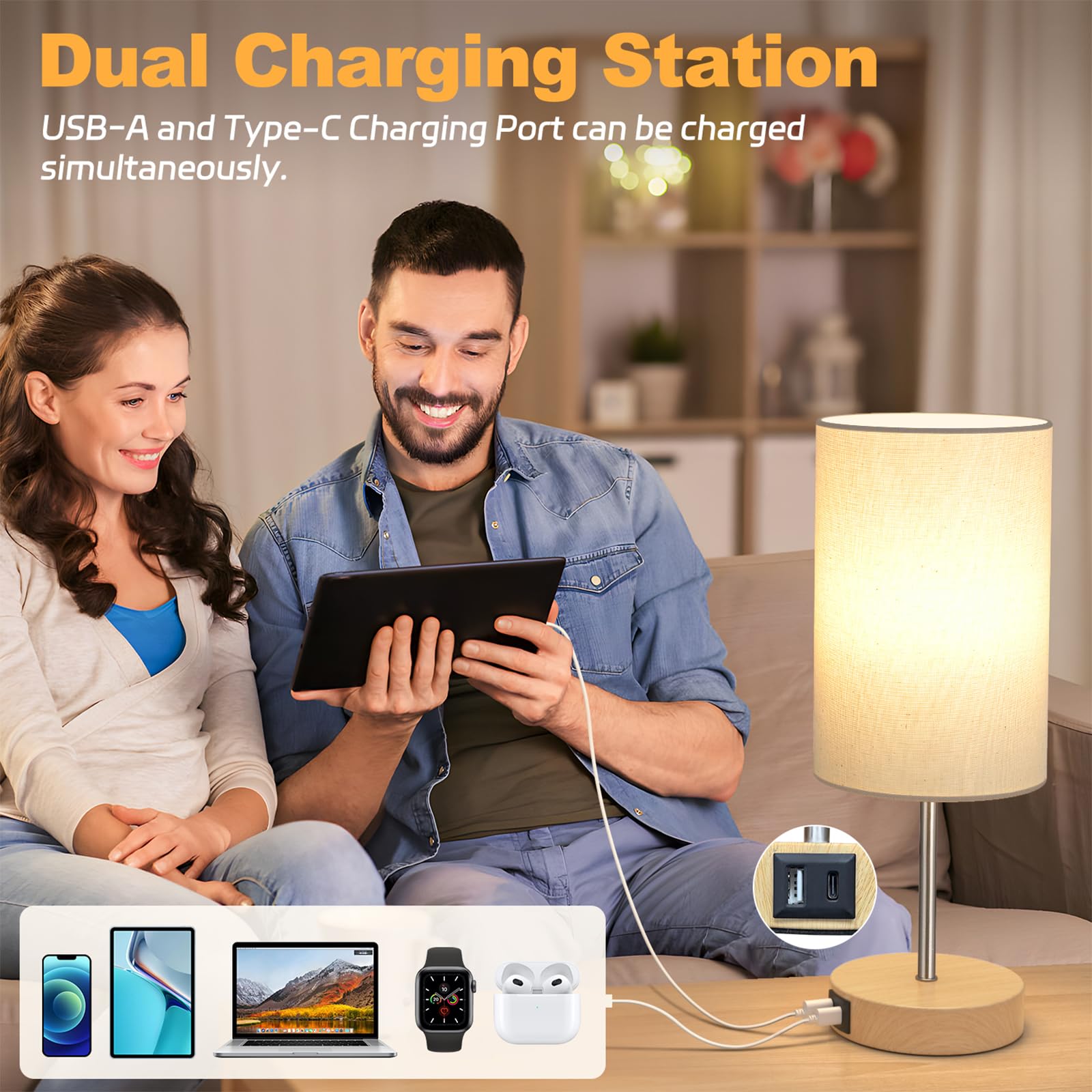 AKASUKI 3-Way Dimmable Touch Table Lamp with USB Charging Ports - Bedside Nightstand Lamp for Bedroom, Living Room & Office (LED Bulb Included) | Perfect for Reading, Working & Charging Devices