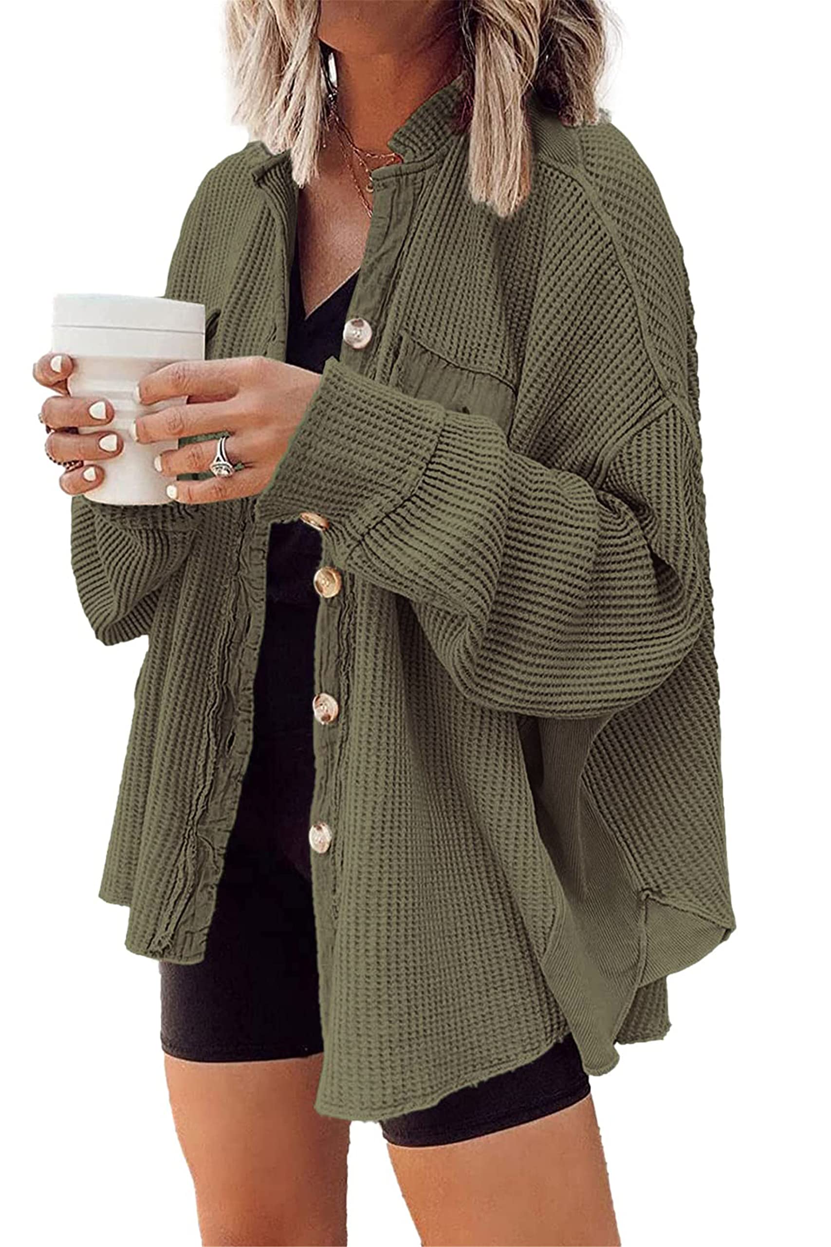 Women's Waffle Knit Shacket - Oversized Button Down Shirt Jacket with Pocket, Long Sleeve Loose Fit Blouse for Casual Outfits & Layering | Perfect for Fall, Winter & Cozy Home Wear
