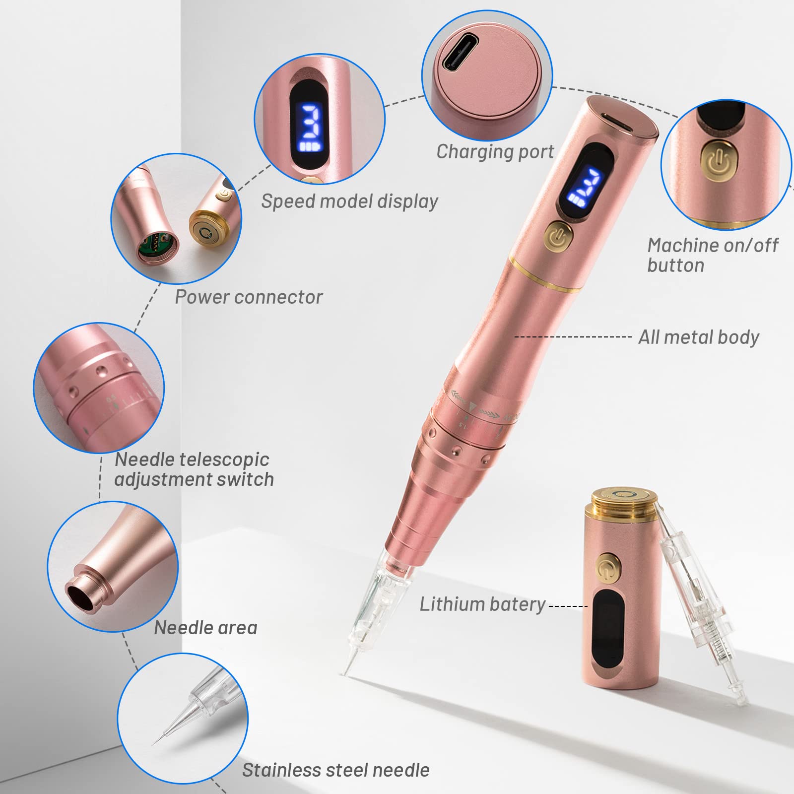 Professional Cordless Permanent Makeup Machine with Digital Display - PMU Tattoo Machine Kit Includes 2 Lithium Batteries & 10 PMU Needles (Rose Gold) | Ideal for Microblading, Eyebrow Tattooing & Cosmetic Procedures