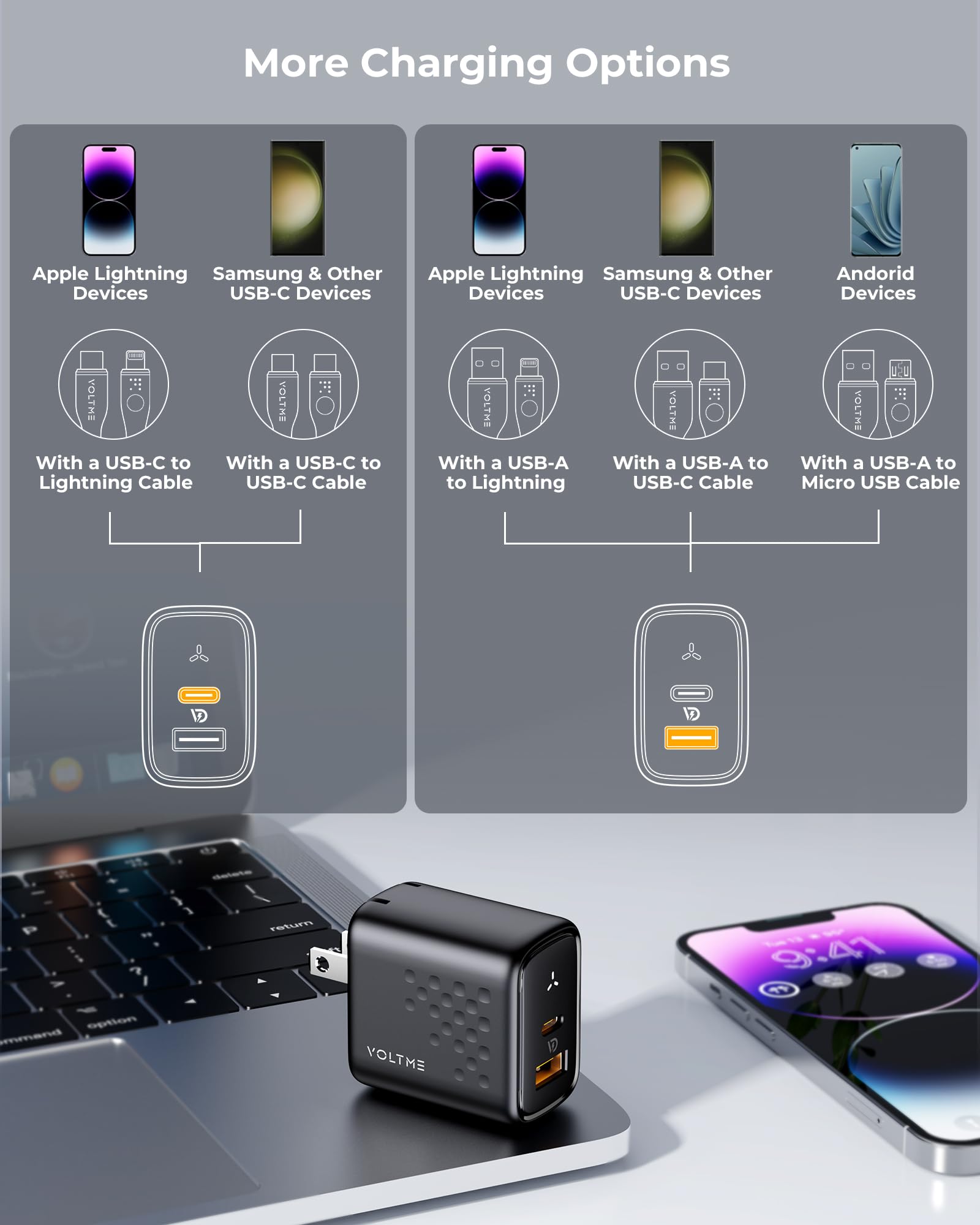 VOLTME 45W GaN PPS Fast Charger with USB-C & USB-A Ports | Foldable Compact Design | Compatible with iPhone 16/15/14, Galaxy S24/S23/S22, MacBook Air, iPad | Perfect for Travel, Office & Home Charging (Black)