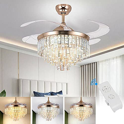 42 Inch Modern Crystal Ceiling Fan with LED Light & Remote Control - 3 Color Changing Silent Chandelier Fan for Bedroom, Living Room | Gold Finish | Energy Efficient Cooling & Elegant Lighting Solution for Home Decor
