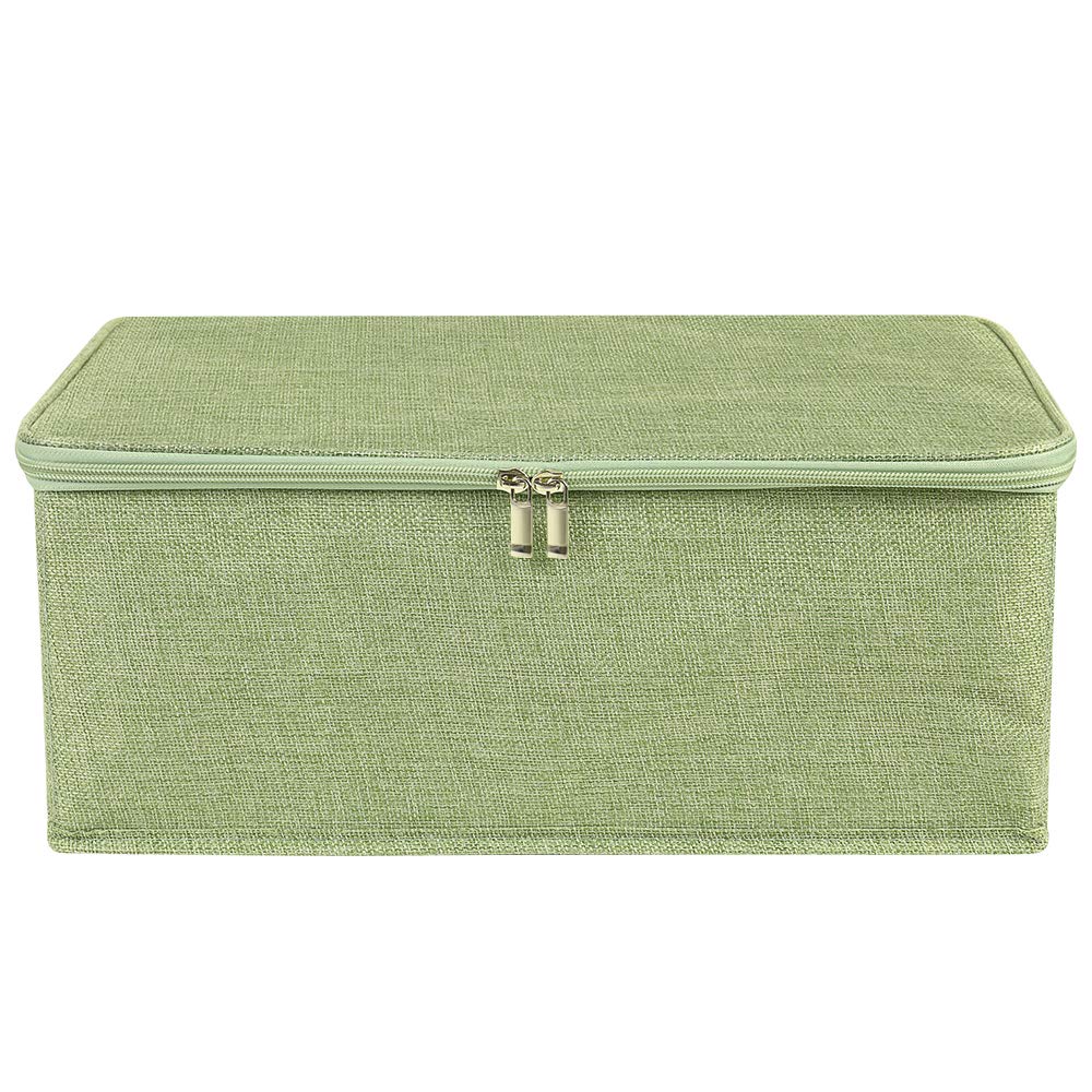ANMINY 3-Piece Foldable Storage Bins with Zipper Lids & Handles - PP Plastic Board & Cotton Linen Fabric Organizer Boxes for Closet, Clothes, Home Organization (Green, Small Size) | Perfect for Bedroom, Nursery & Office Storage Solutions