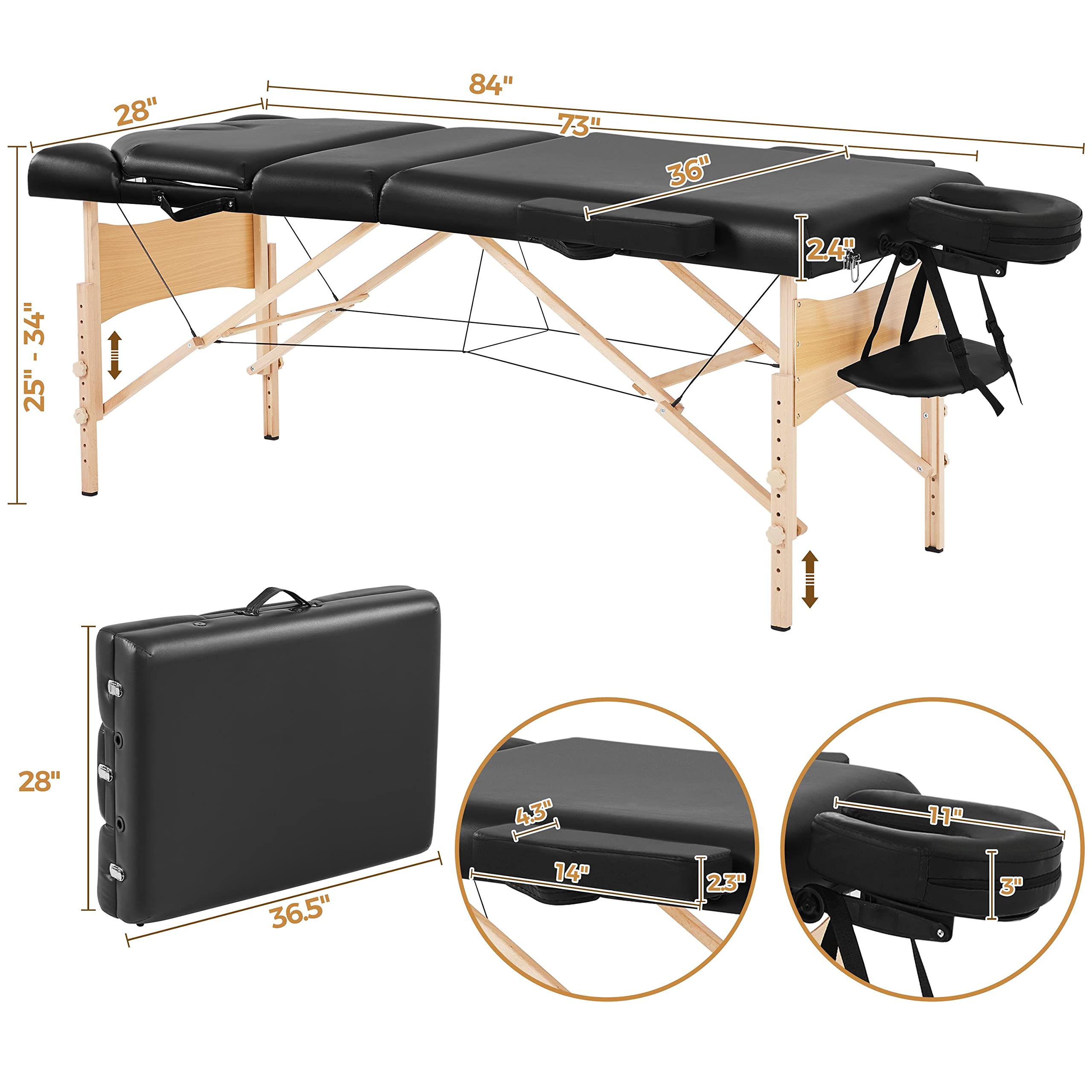 Yaheetech Professional 3-Section Folding Massage Table with Adjustable 360° Swivel Stool - Portable Spa Bed & Salon Chair Set for Tattoo, Beauty, Physical Therapy & Home Use
