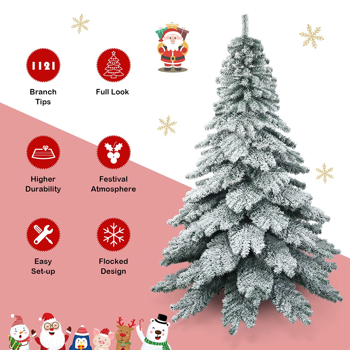 Goplus 7.5FT Snow Flocked Artificial Christmas Tree | Hinged Alaskan Pine Xmas Tree with Metal Stand | 100% PVC Material | Indoor & Outdoor Holiday Decor for Home, Office, and Party Decorations