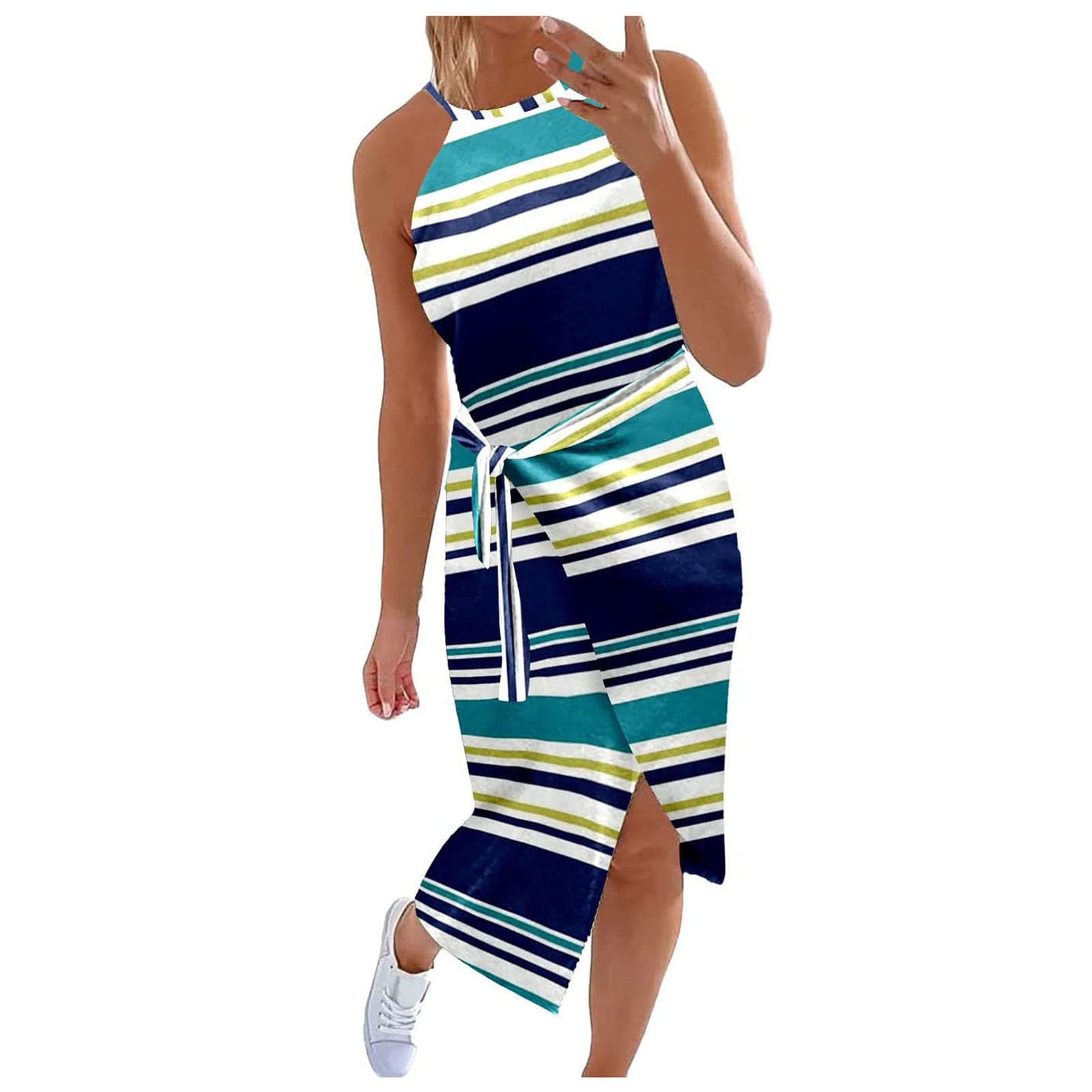 Women's Summer Striped Halter Neck Dress with Belt - Sleeveless Casual Loose Maxi Beach Dress with Side Slit | Perfect for Vacation, Beach Outings & Summer Parties