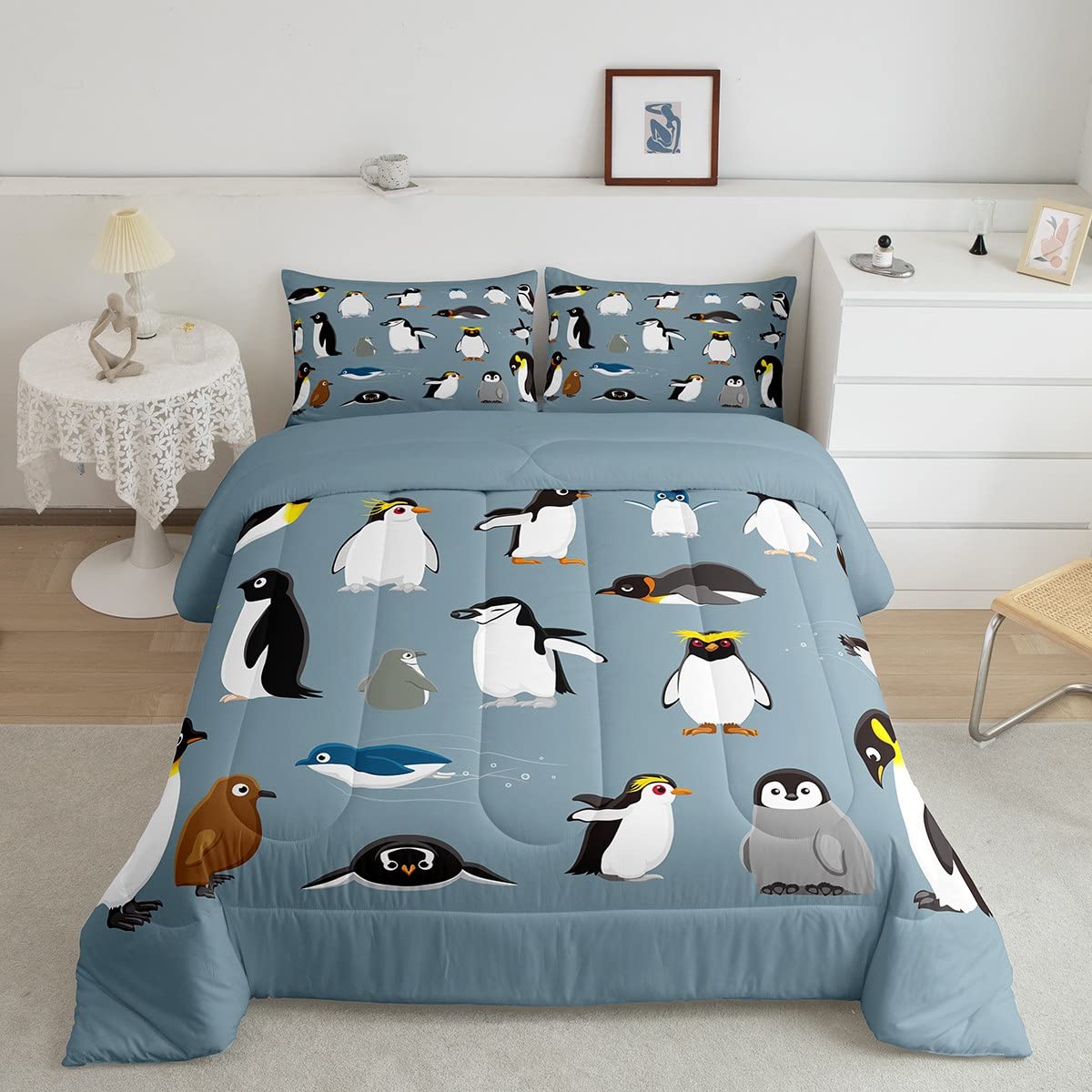 Erosebridal Antarctica Penguins Bedding Set for Boys & Kids - Full Size Wildlife Animal Comforter Set with Cartoon Little Penguins, Cute Wild Safari Theme Quilted Duvet Cover - Perfect for Kids' Bedroom Decor & Wildlife Themed Nursery