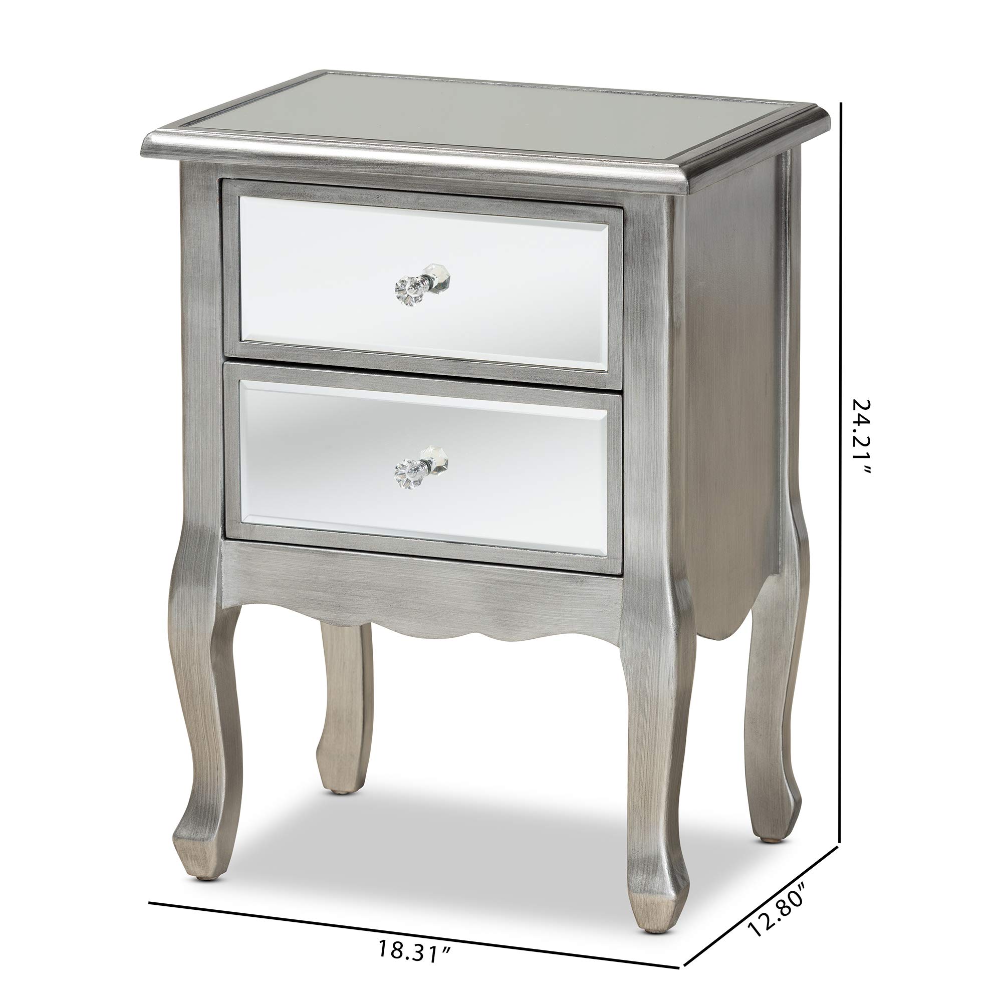 Baxton Studio Modern Nightstand with Silver Finish and Mirror - Stylish Bedside Table for Bedroom Decor & Storage