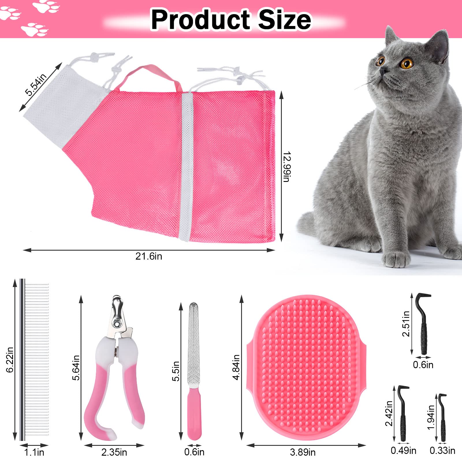 JULMELON 10-Piece Cat Grooming Kit - Adjustable Cat Shower Bag, Pet Brush, Nail Clippers, Nail File, Comb, Tick Remover & Nail Caps for Bathing, Trimming & Vet Exams (Pink & Grey) - Perfect for Home Pet Care & Professional Grooming