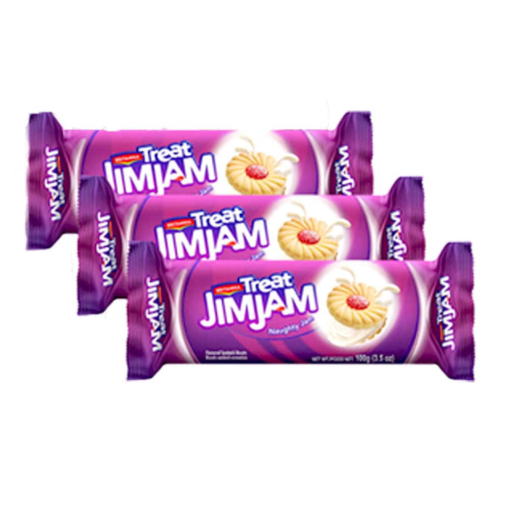 Britannia Jim Jam Sandwich Biscuits 3.52oz - Breakfast & Tea Time Snacks (Pack of 3) for Office & Home Treats