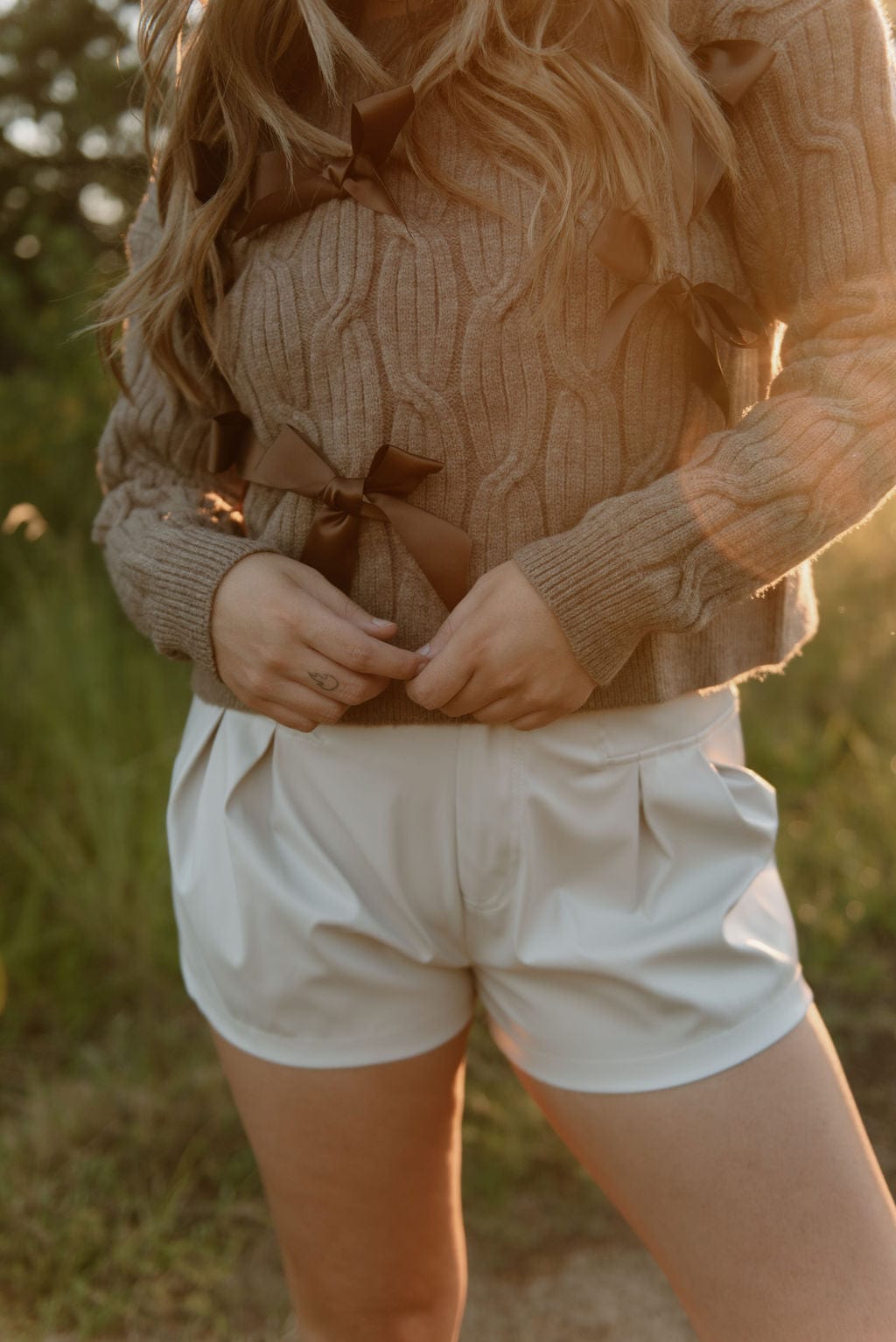Beige Double Pleated Leather Shorts for Women - High Waisted Faux Leather Skorts - Trendy Fashion Stretch Shorts for Casual Outfits & Summer Wear