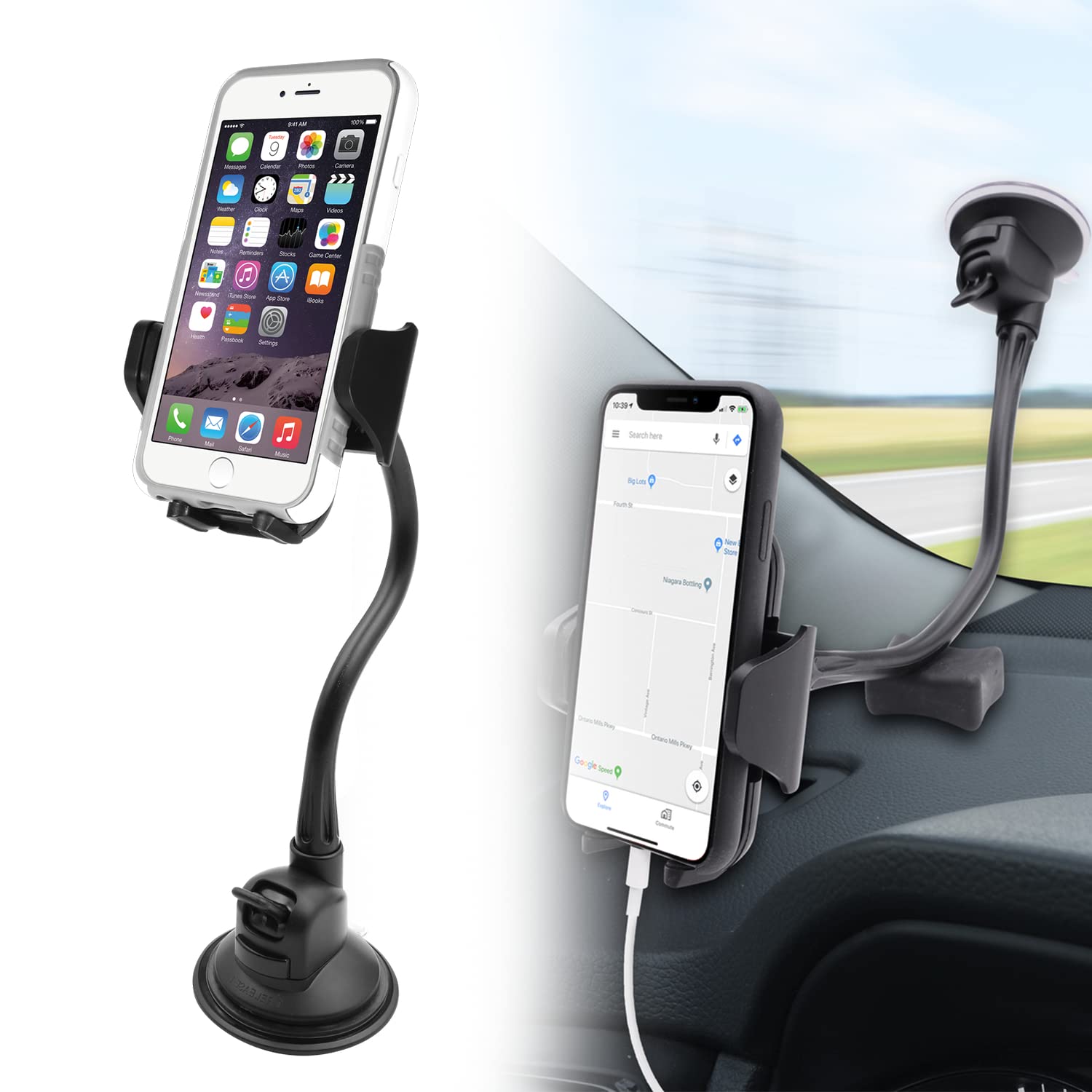 Macally Super Strong Suction Cup Car Windshield Phone Mount - Universal Gooseneck Window Phone Holder for iPhone, Samsung, Android Devices - Perfect for Trucks, Road Trips & GPS Navigation
