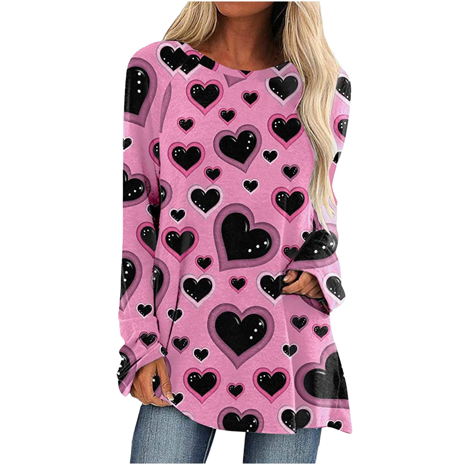 Women's Long Sleeve Cute Tops with Colorful Hearts Print - Loose Round Neck Tunic Tee for Casual Comfort | Perfect for Everyday Wear, Date Nights & Weekend Outfits