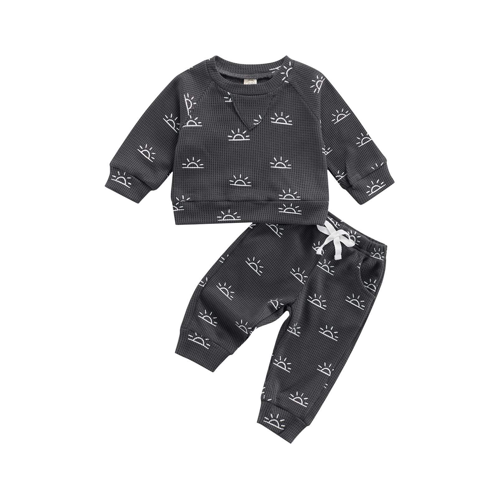 Baby Girls & Boys Waffle Knit Long Sleeve Sun Crewneck Sweatshirt & Drawstring Pants Set - Soft Cotton Outfit for Infants 0-24 Months | Perfect for Playdates, Daycare & Family Photos