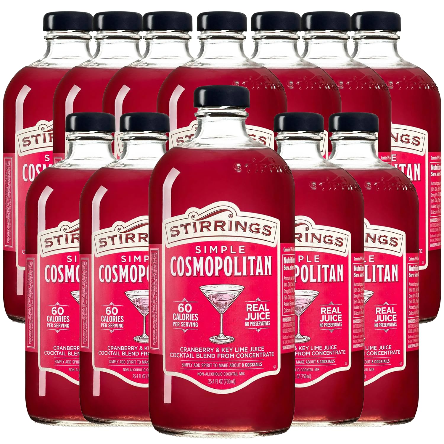 Stirrings 12 Pack Cosmopolitan Cocktail Mix - 750ml Bottles with Real Juice, No Preservatives, Only 90 Calories - Perfect for Parties, Weddings & Home Bars - Premium Drink Mixer for Margaritas & Cocktails