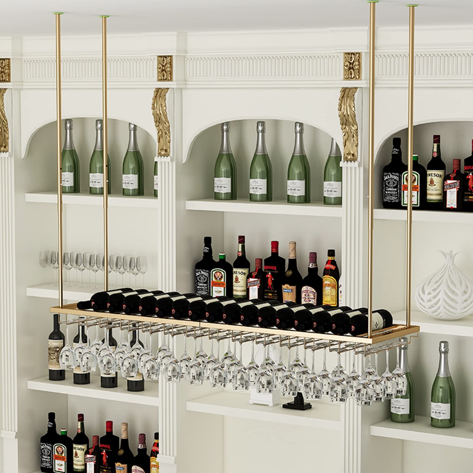 Premium Adjustable Metal Wine Glass Rack - Wall/Ceiling Mounted Hanging Wine Holder for Bottles & Stemware (60x27x8cm) - Perfect for Kitchen, Bar, Restaurant & Home Wine Storage Display