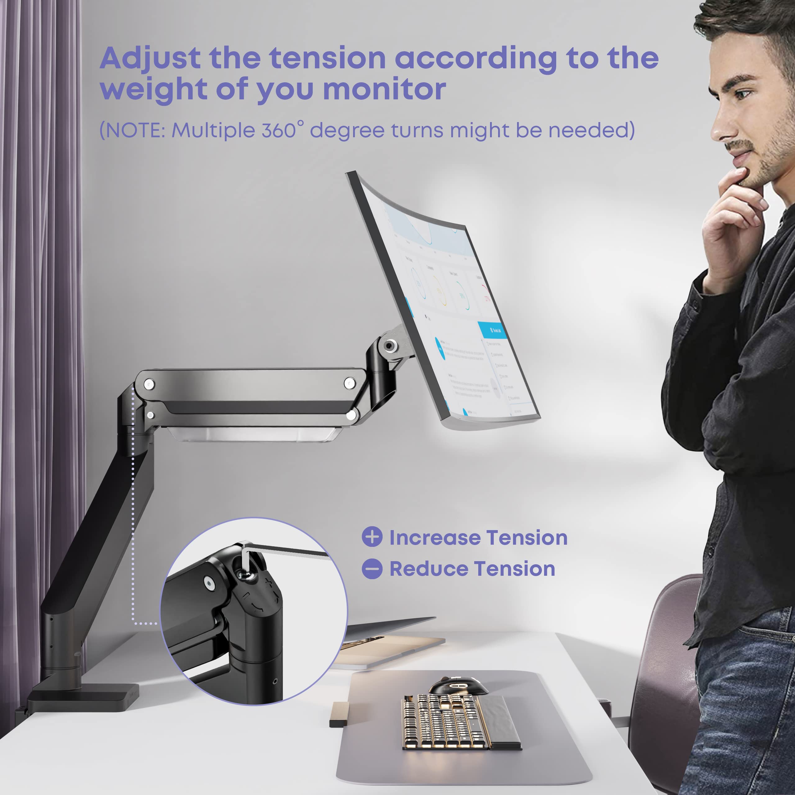Premium Heavy Duty Monitor Arm for Ultrawide Screens up to 49 Inch & 39.6lbs - Ergonomic Aluminum Single Desk Mount Stand with Gas Spring, VESA 75x75/100x100 - Perfect for Home Office, Gaming & Workspace Setup